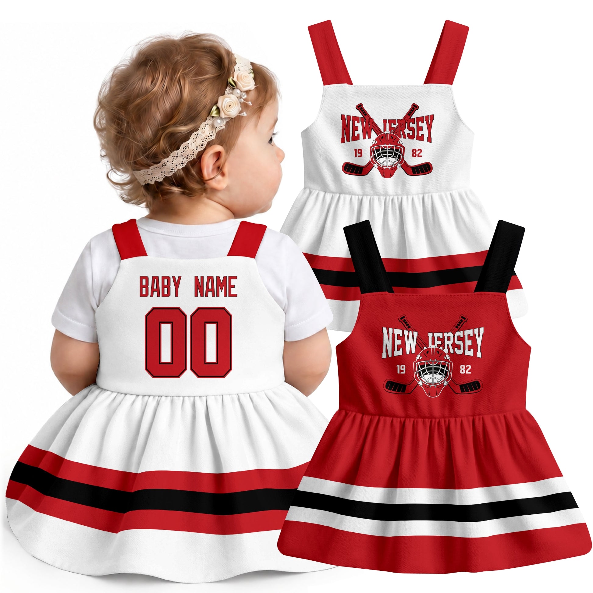 Personalized New Jersey hockey baby suspender dress shown on baby with Red and White city-color styles