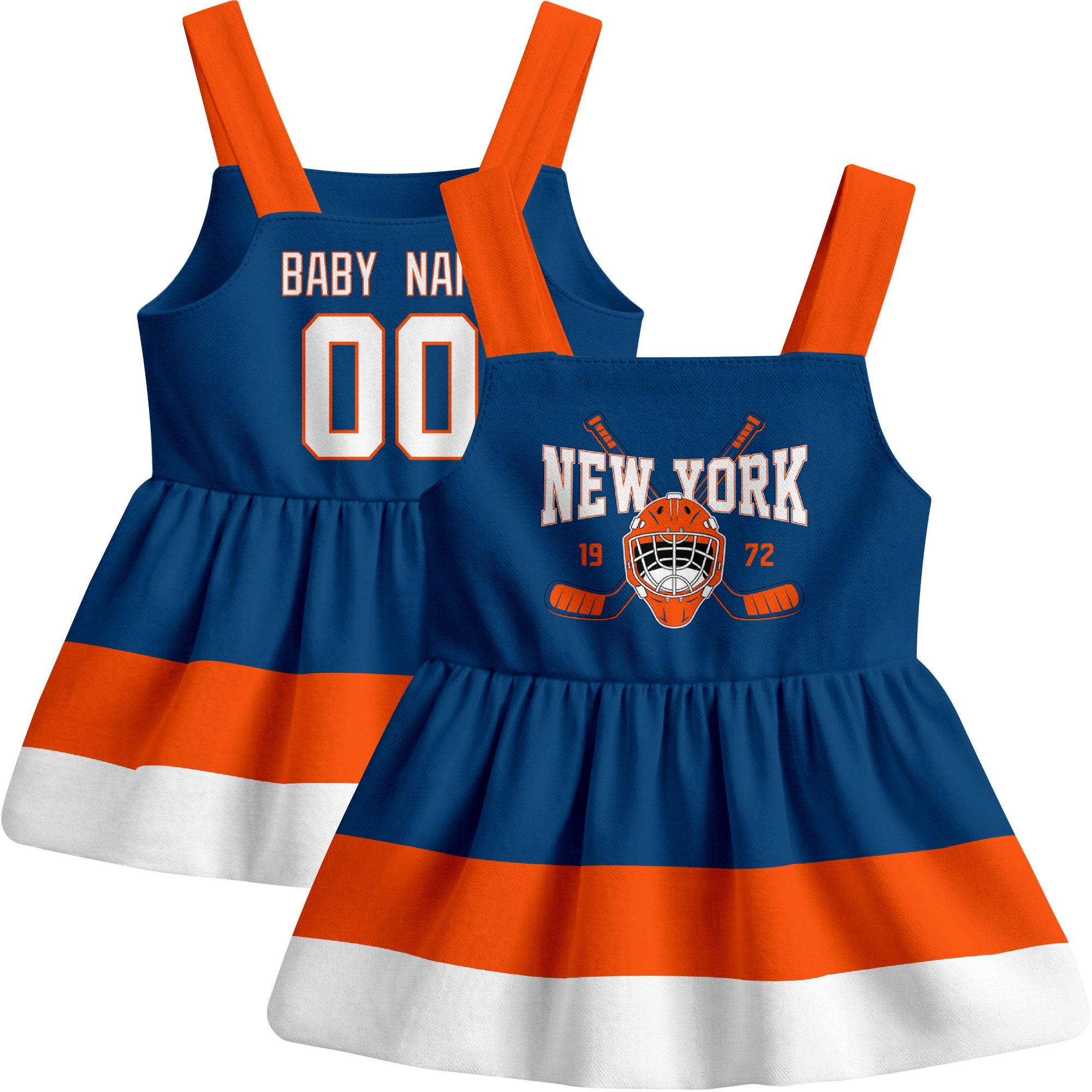 New York hockey baby suspender dress Royal style front and back view