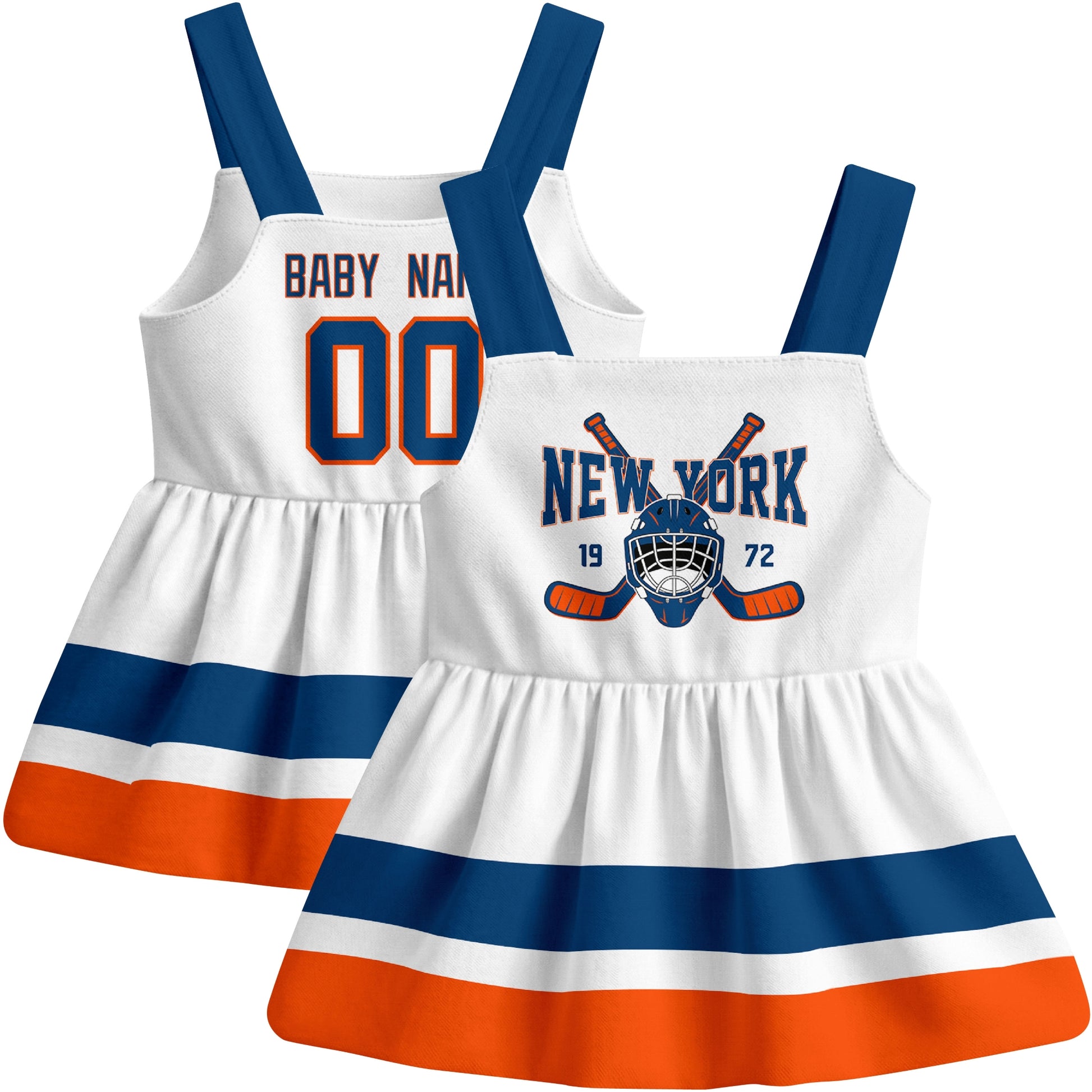 New York hockey baby suspender dress White style front and back view
