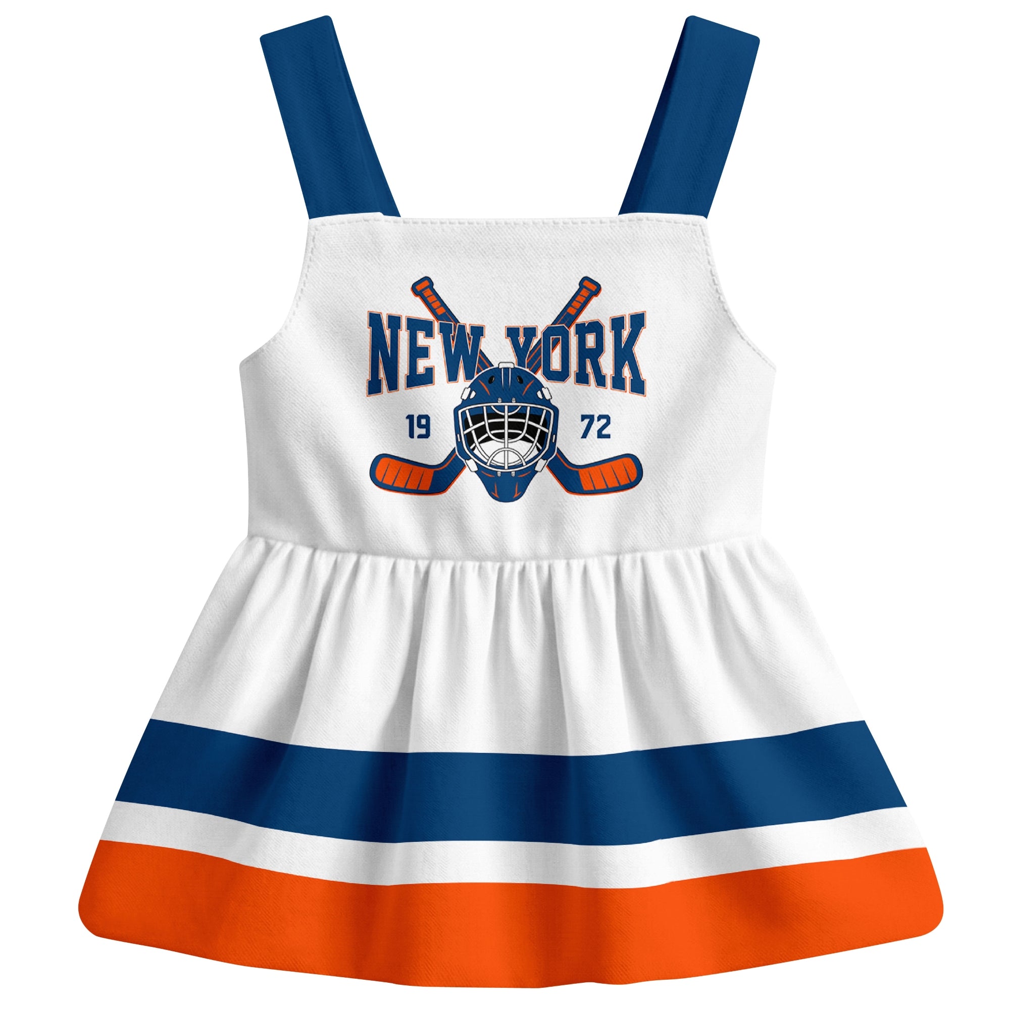 New York hockey baby suspender dress White style front view