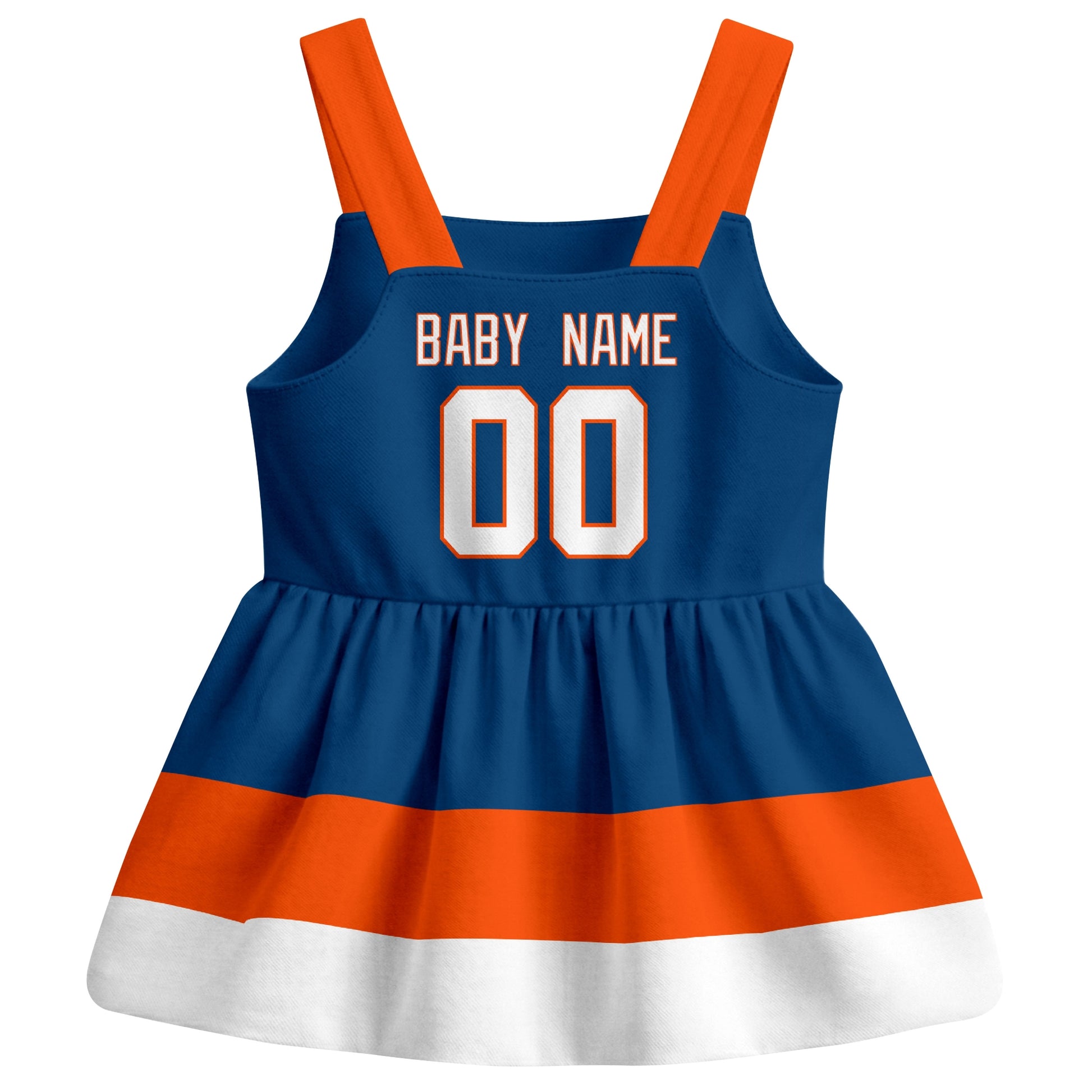 New York hockey baby suspender dress Royal style back view with custom baby name and number