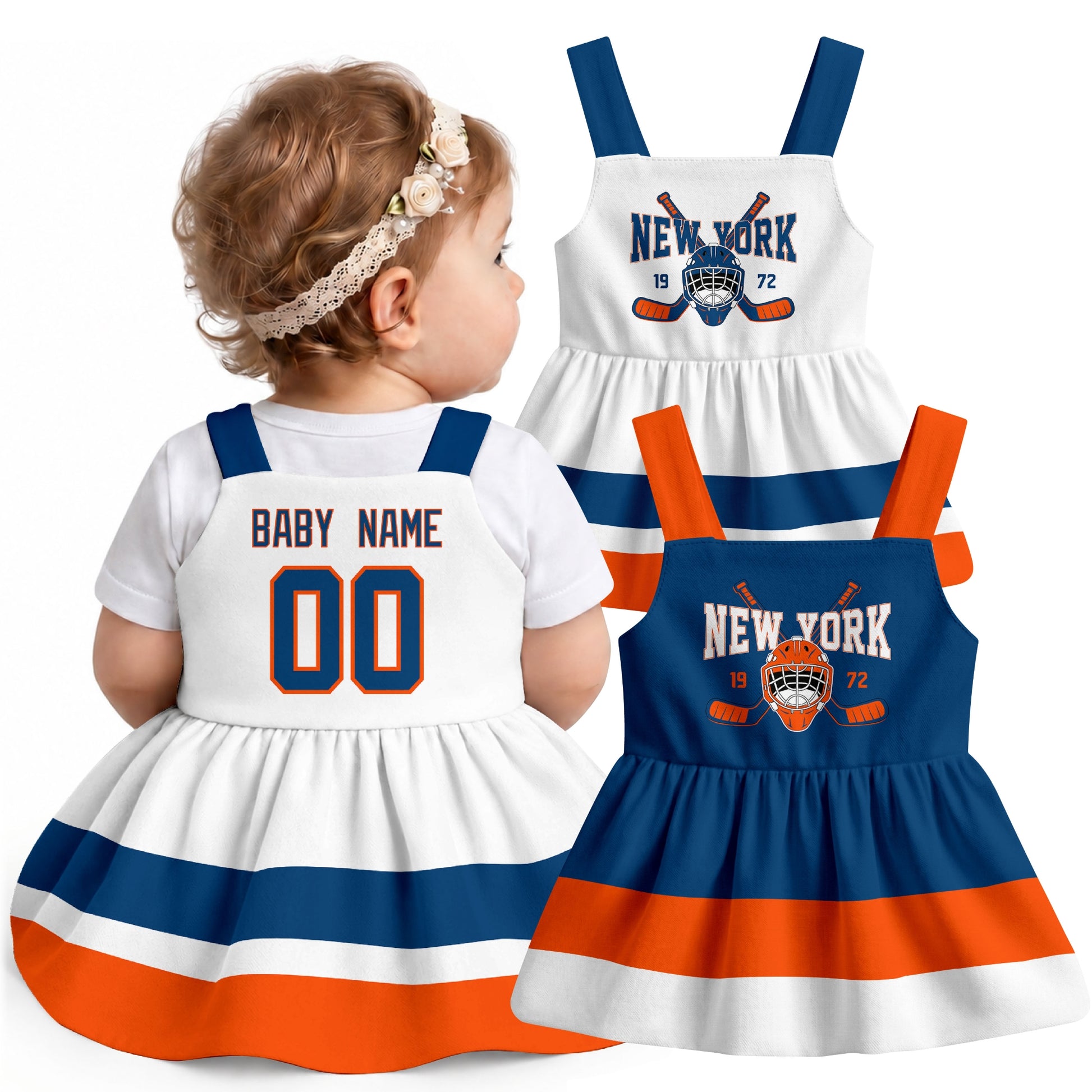 Personalized New York hockey baby suspender dress shown on baby with Royal and White city-color styles