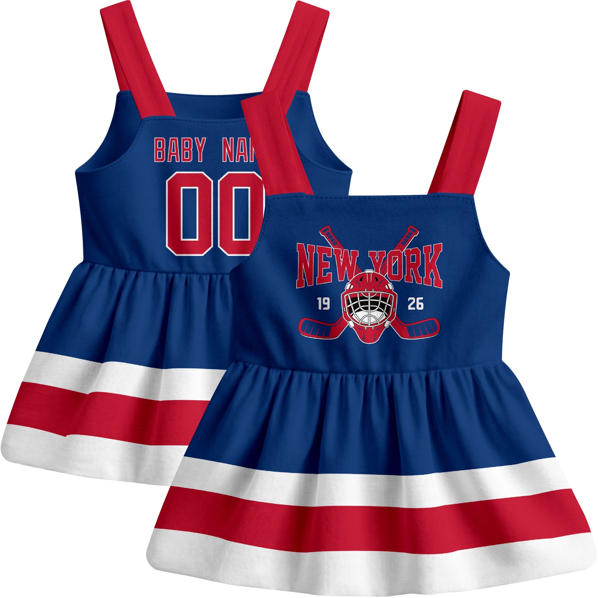New York R hockey baby suspender dress Blue style front and back view