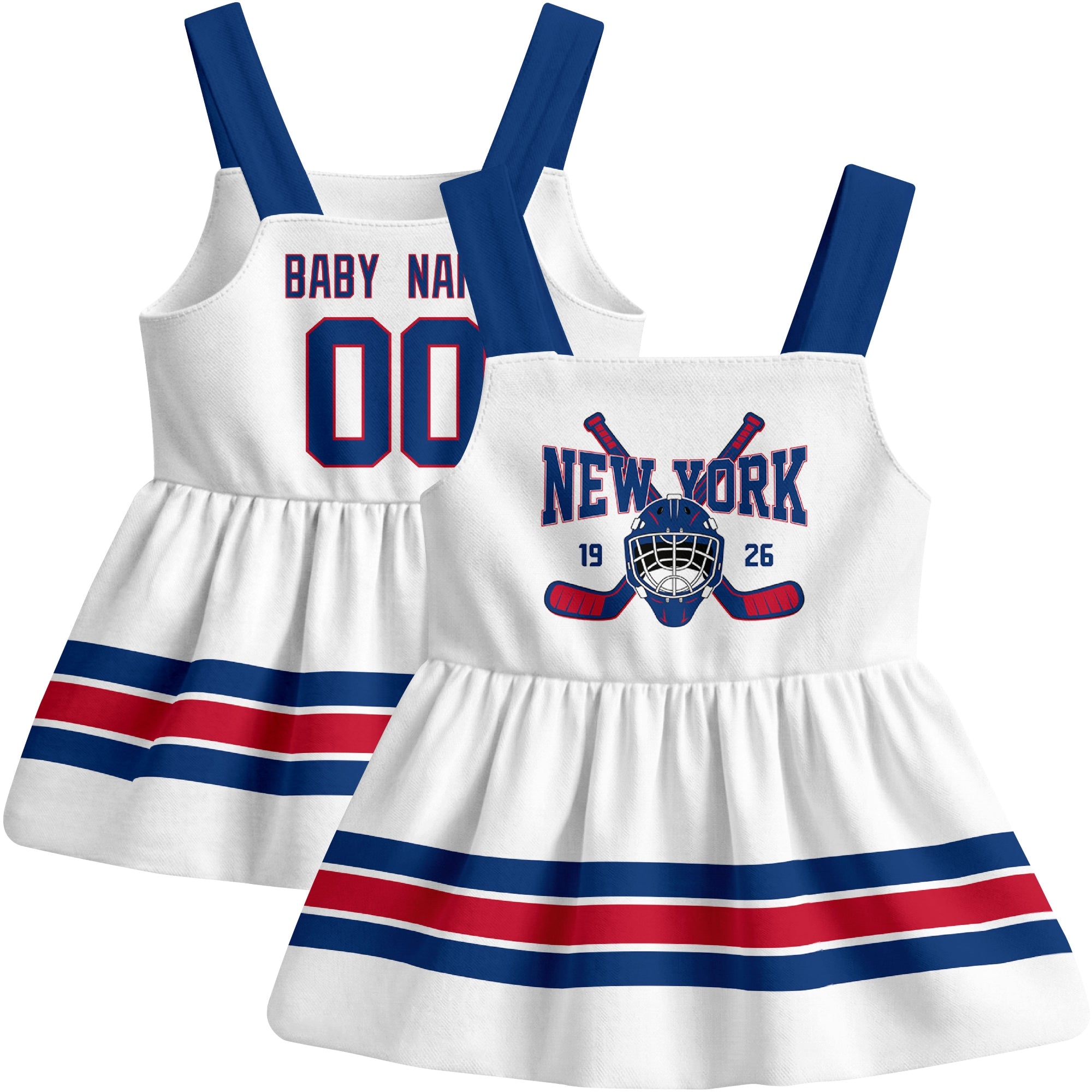 New York R hockey baby suspender dress White style front and back view