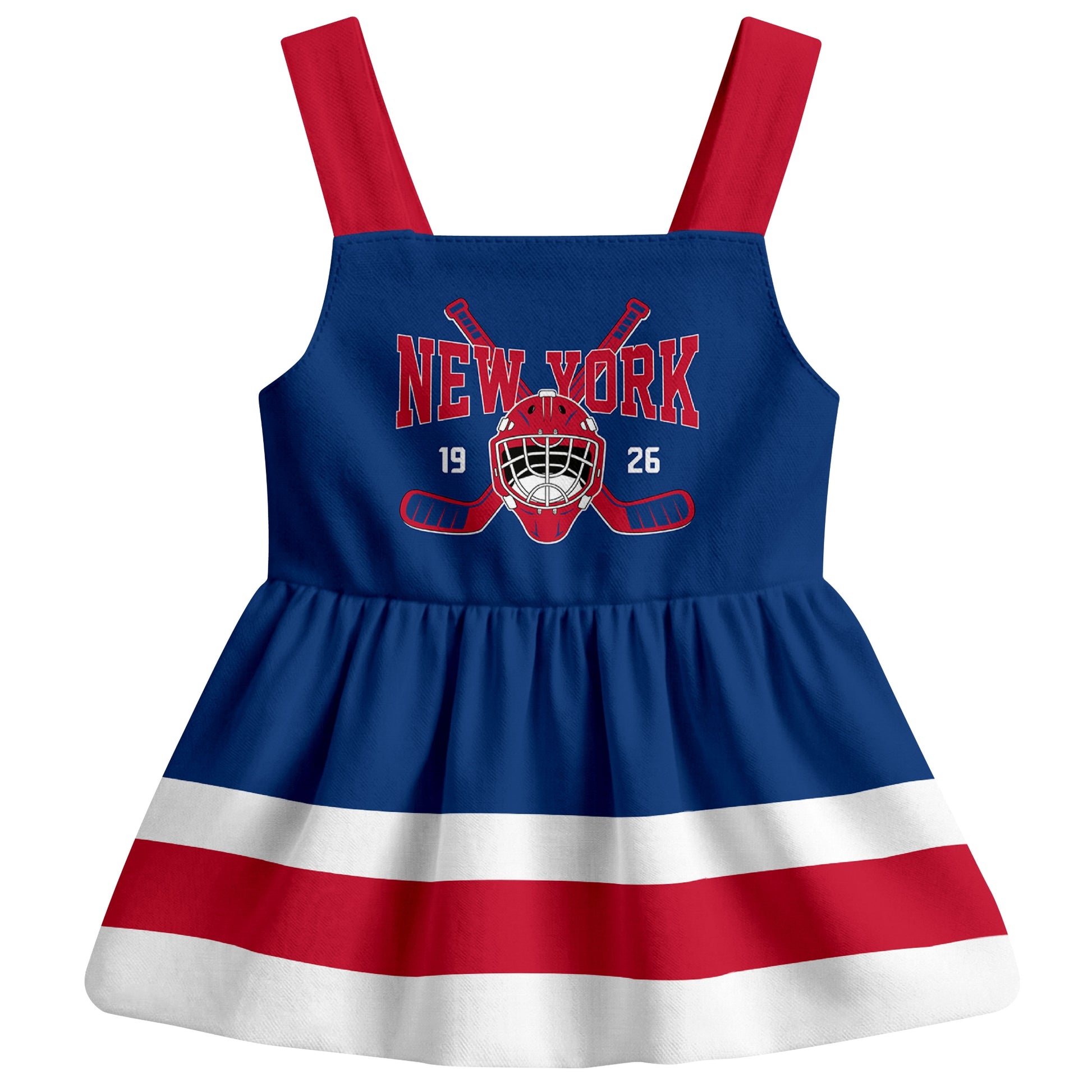 New York R hockey baby suspender dress Blue style front view
