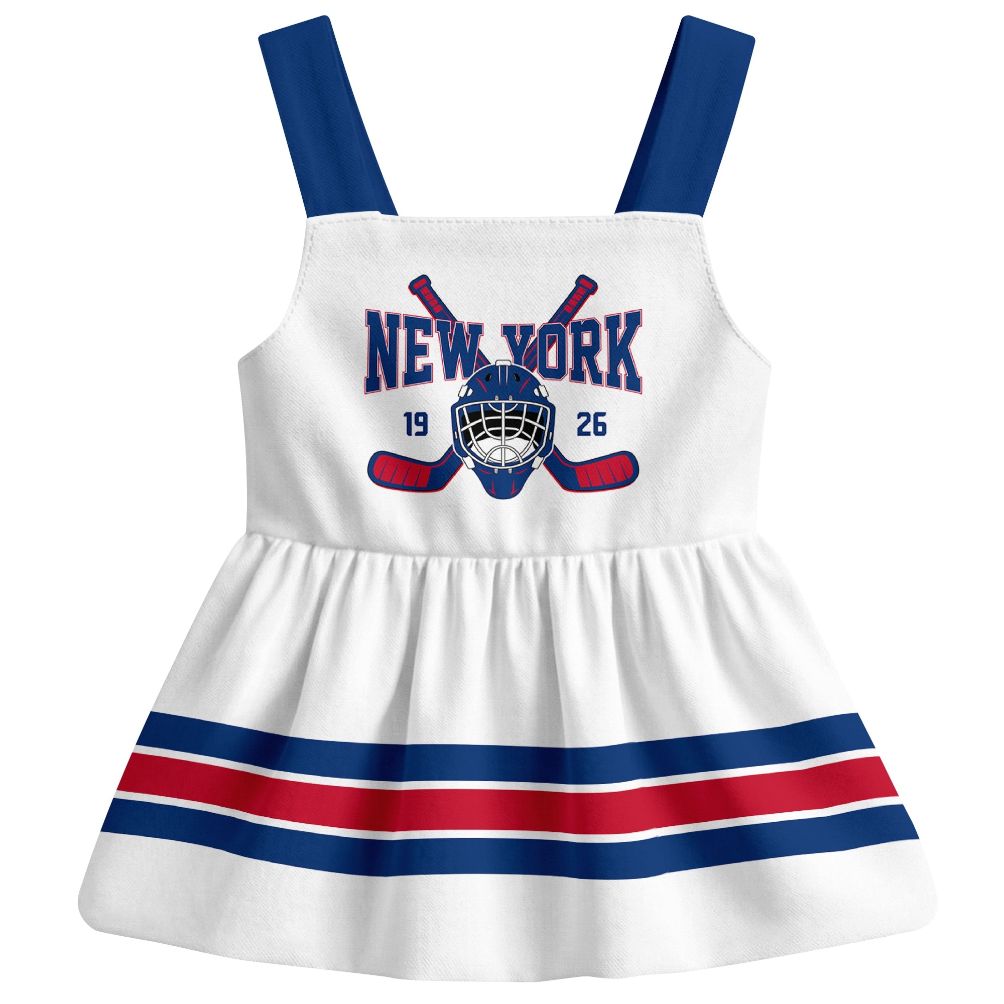New York R hockey baby suspender dress White style front view