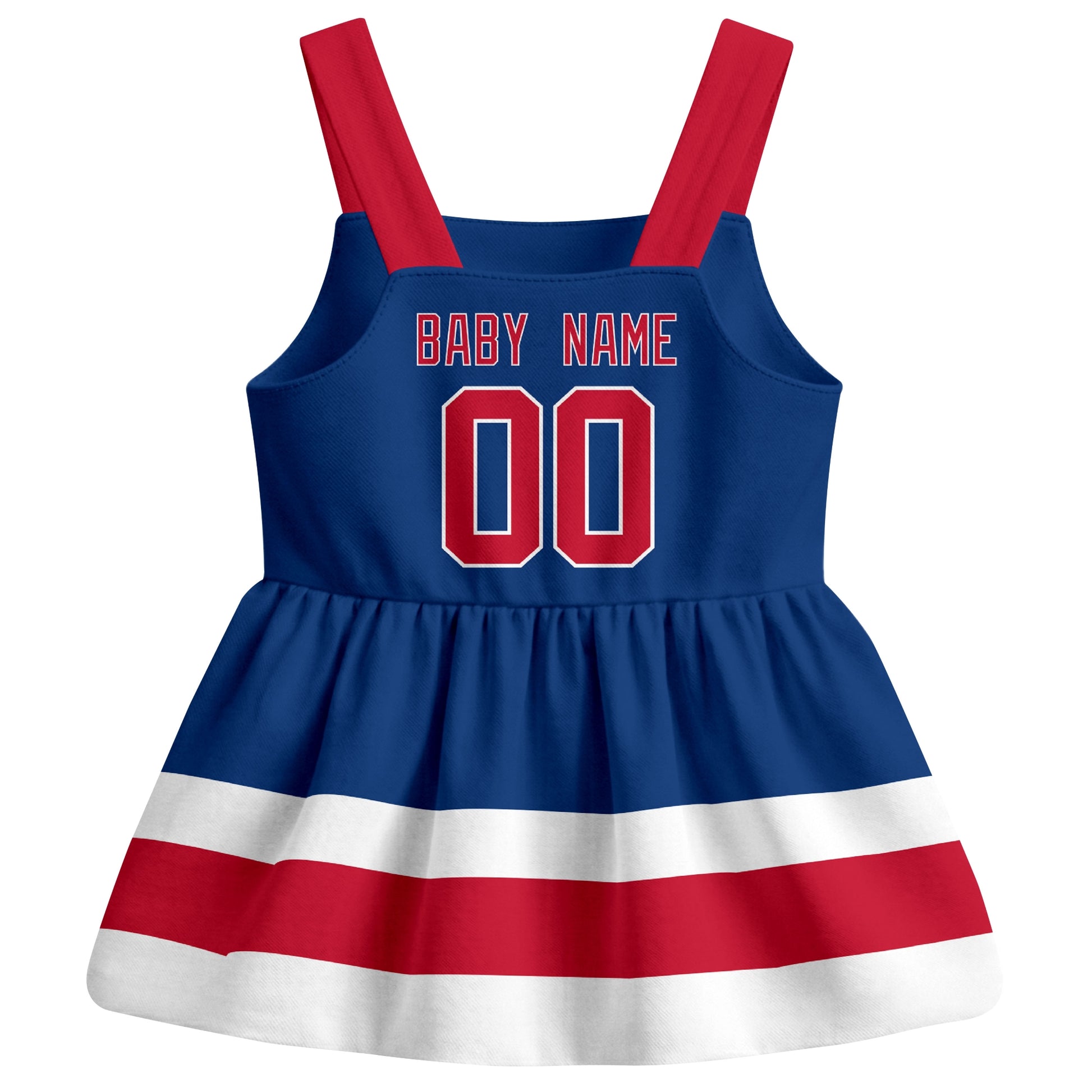 New York R hockey baby suspender dress Blue style back view with custom baby name and number