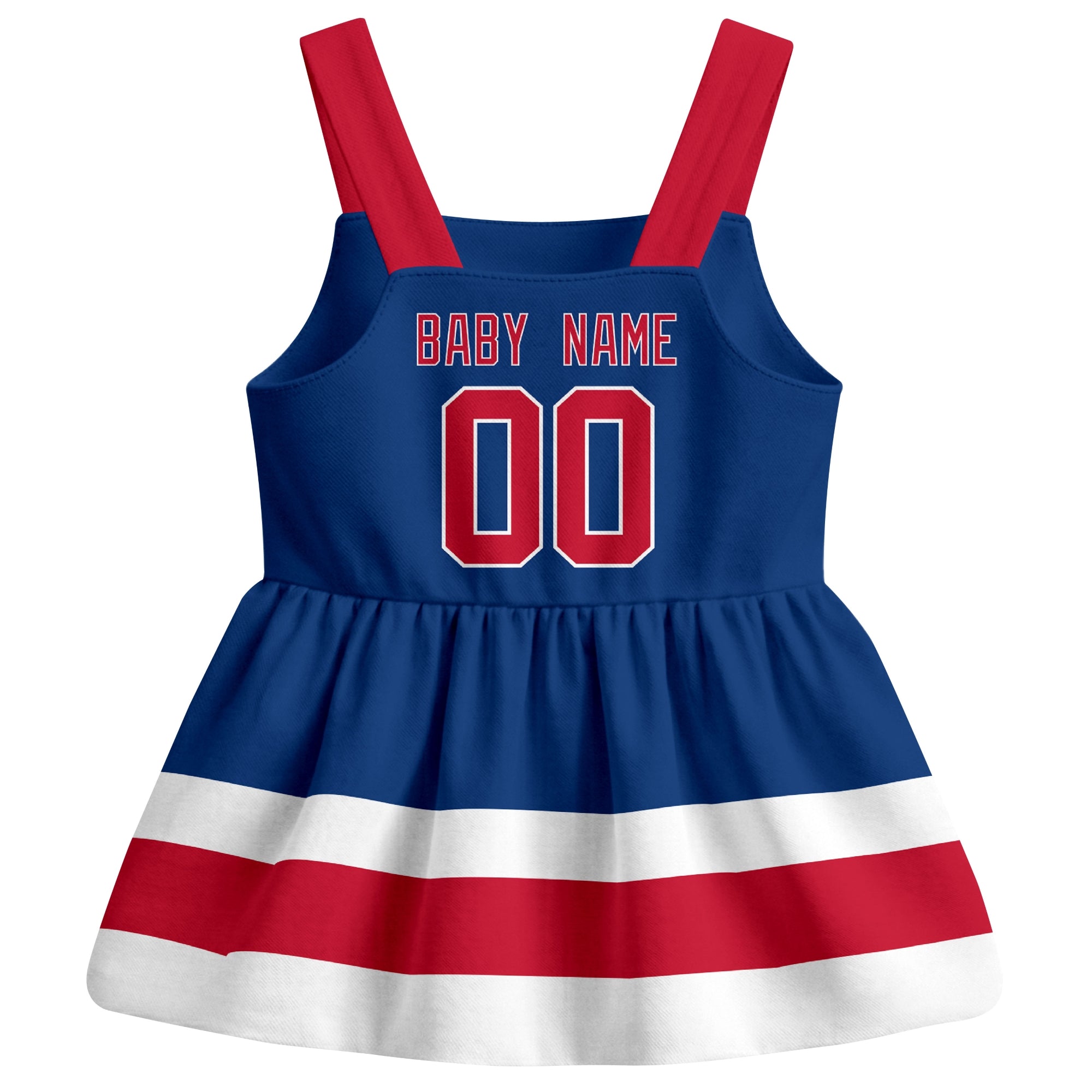 New York R hockey baby suspender dress Blue style back view with custom baby name and number