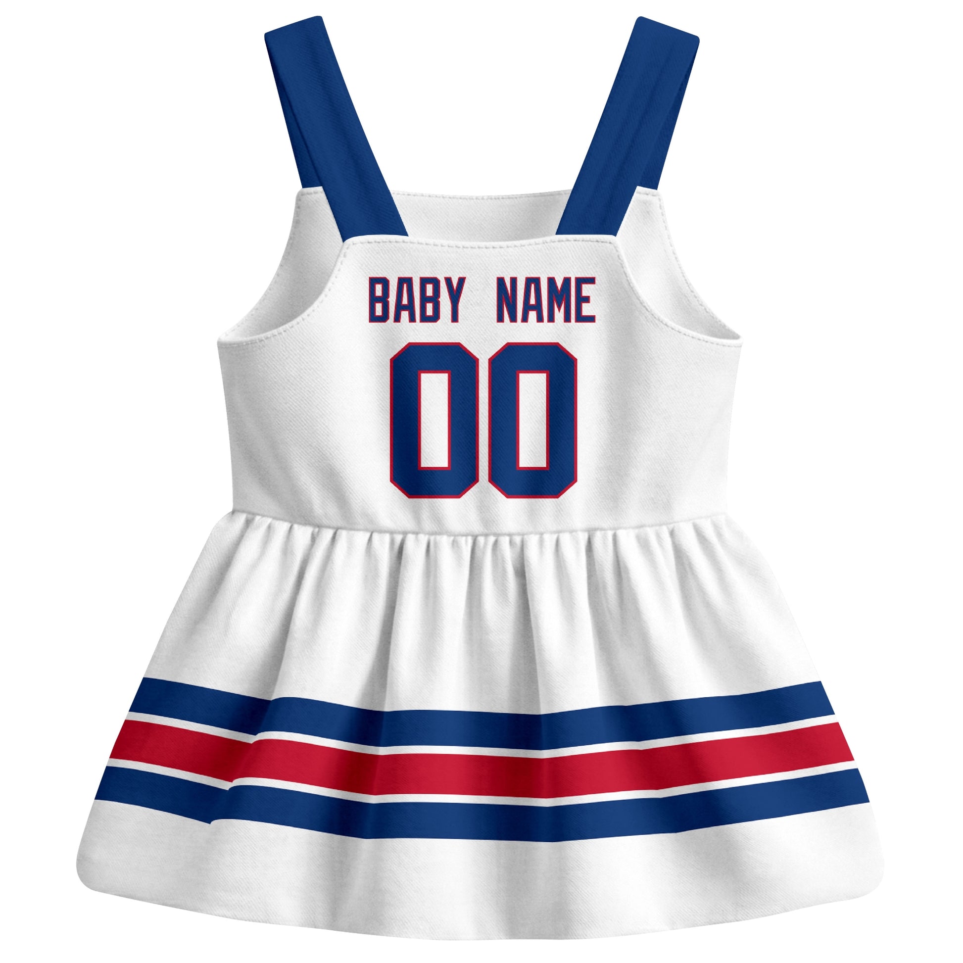 New York R hockey baby suspender dress White style back view with custom baby name and number