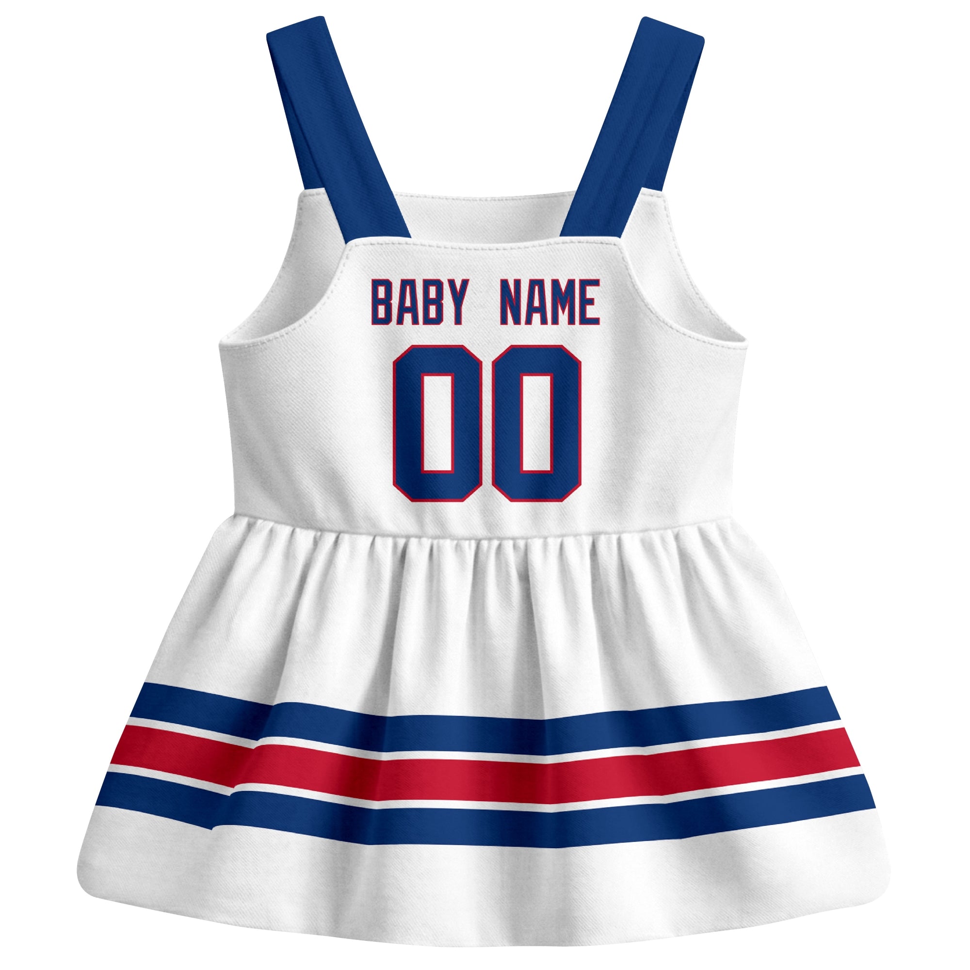 New York R hockey baby suspender dress White style back view with custom baby name and number
