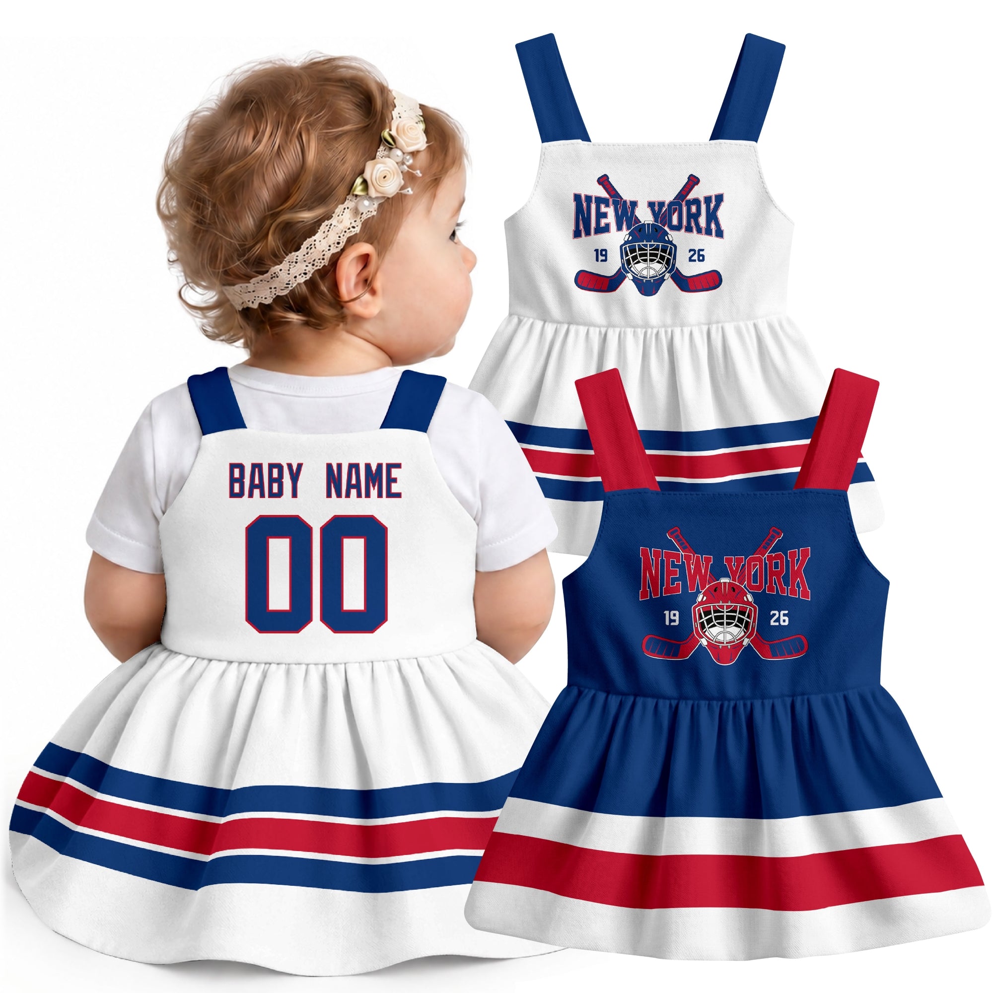 Personalized New York R hockey baby suspender dress shown on baby with Blue and White city-color styles