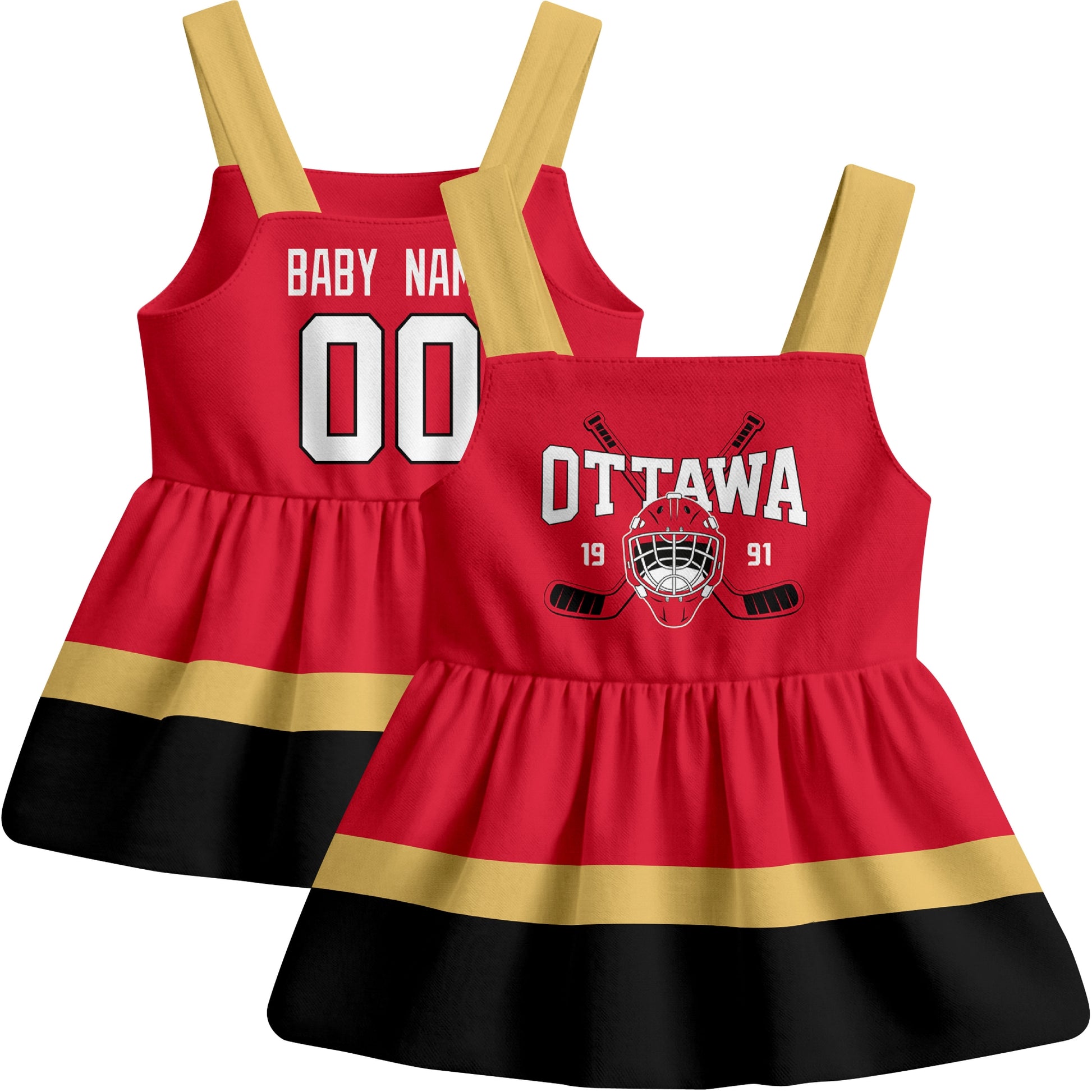 Ottawa hockey baby suspender dress Red style front and back view