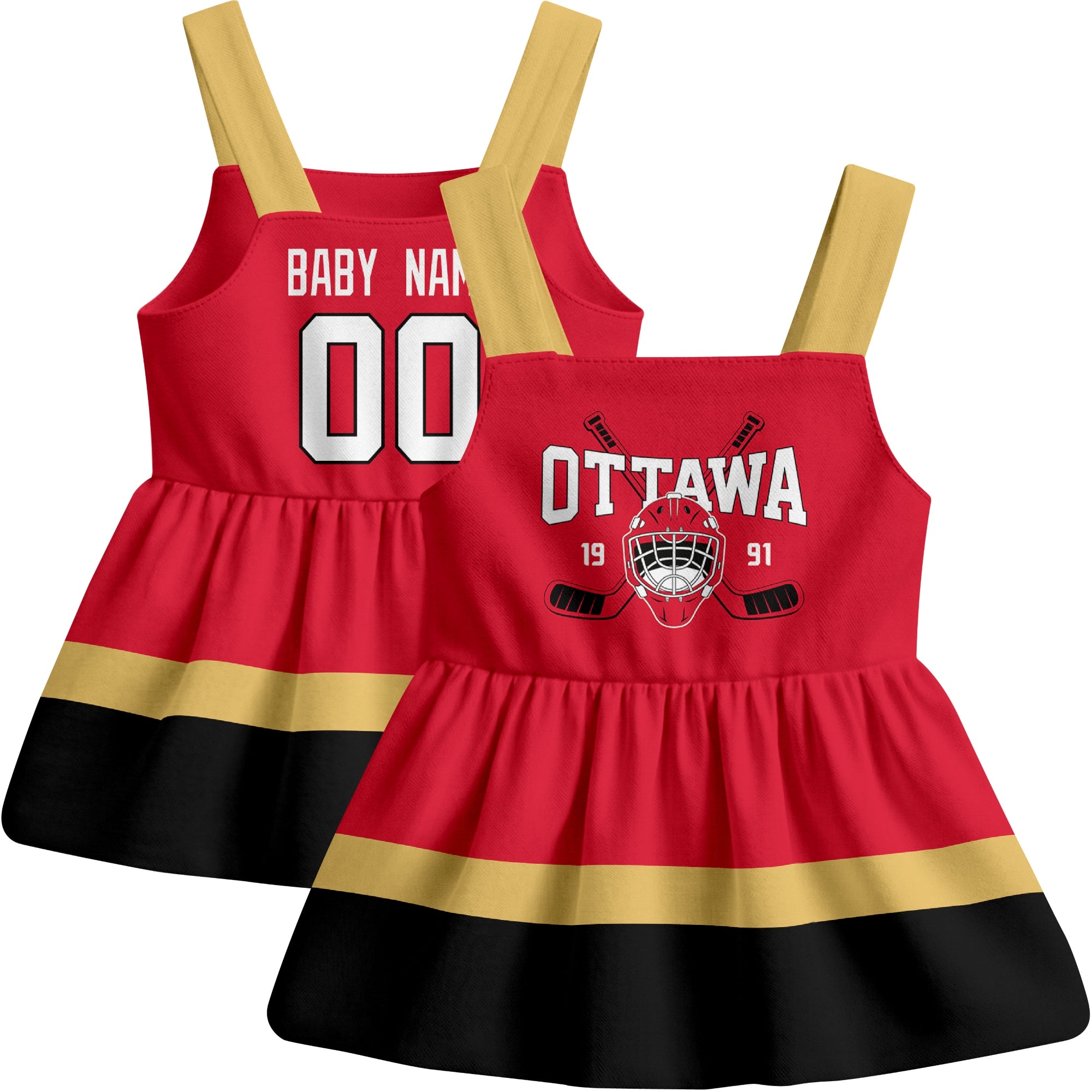 Ottawa hockey baby suspender dress Red style front and back view