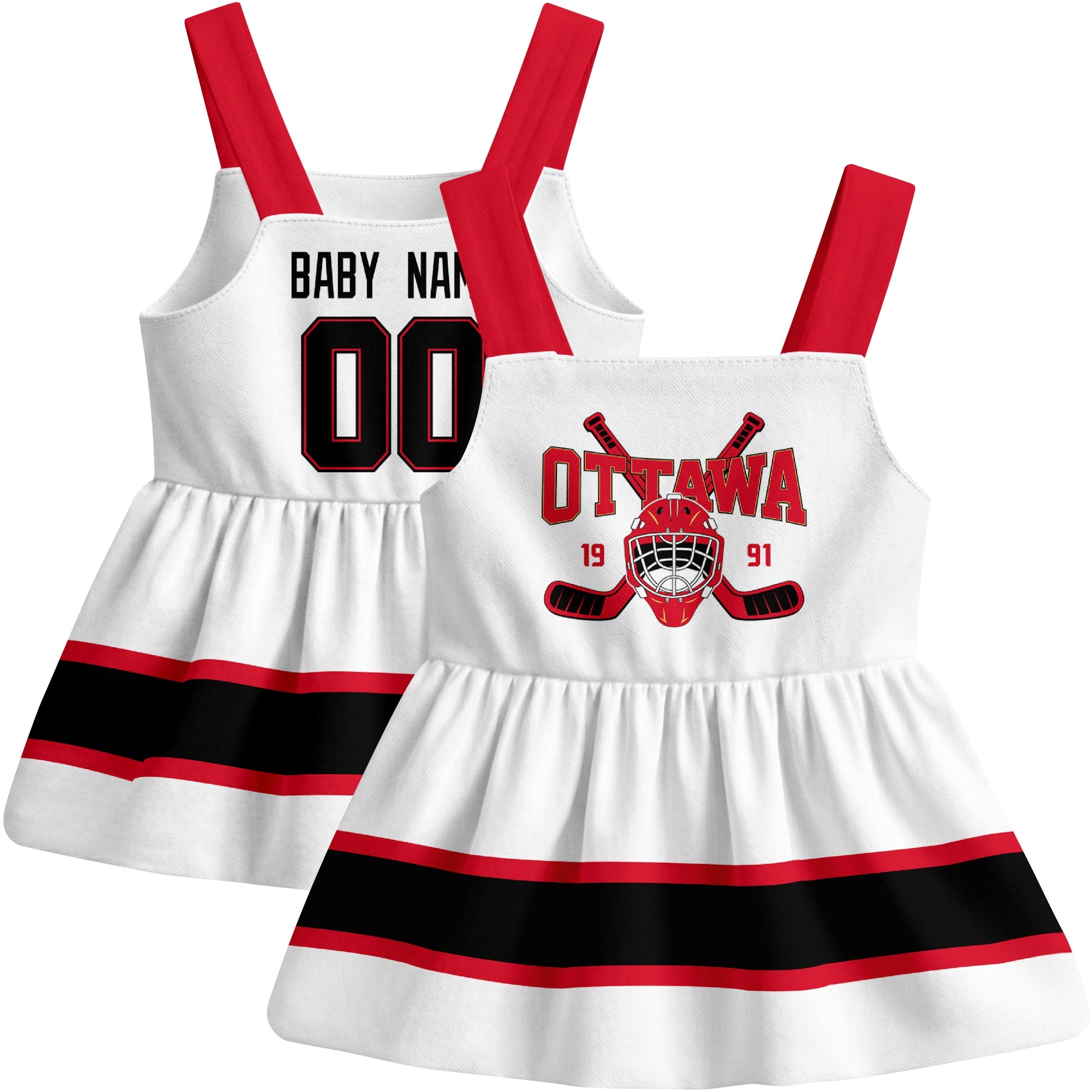 Ottawa hockey baby suspender dress White style front and back view