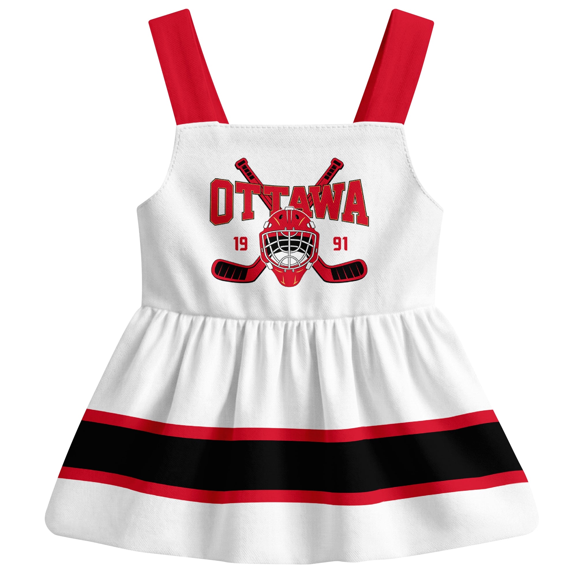 Ottawa hockey baby suspender dress White style front view