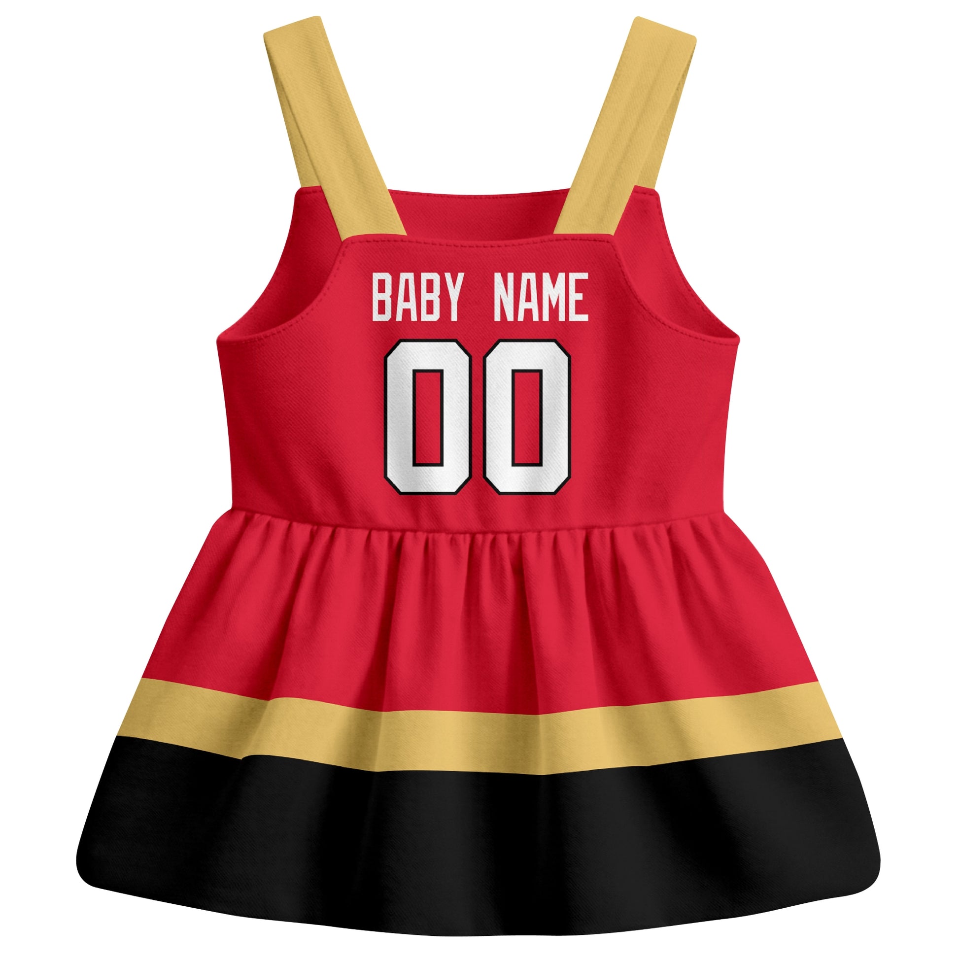 Ottawa hockey baby suspender dress Red style back view with custom baby name and number