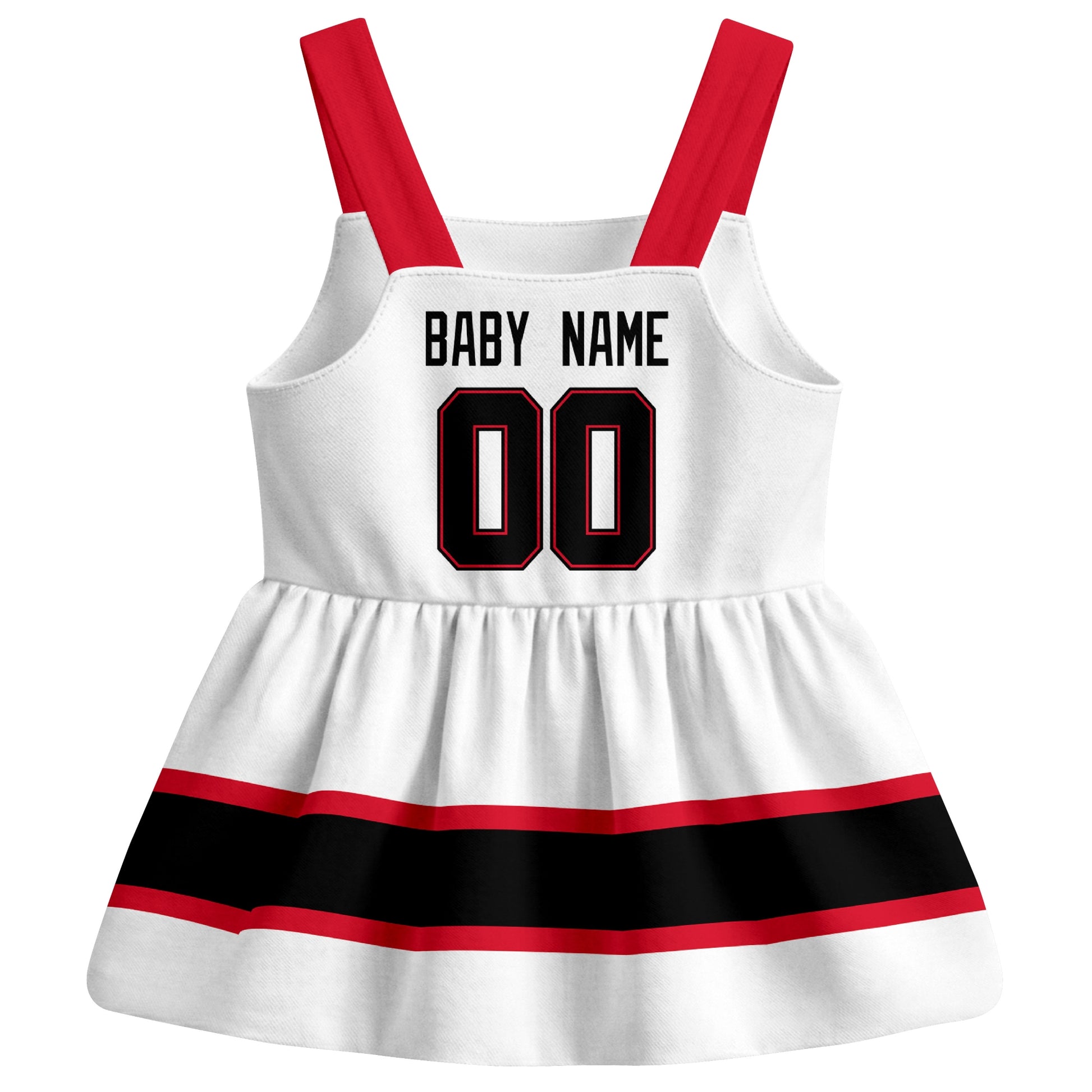 Ottawa hockey baby suspender dress White style back view with custom baby name and number