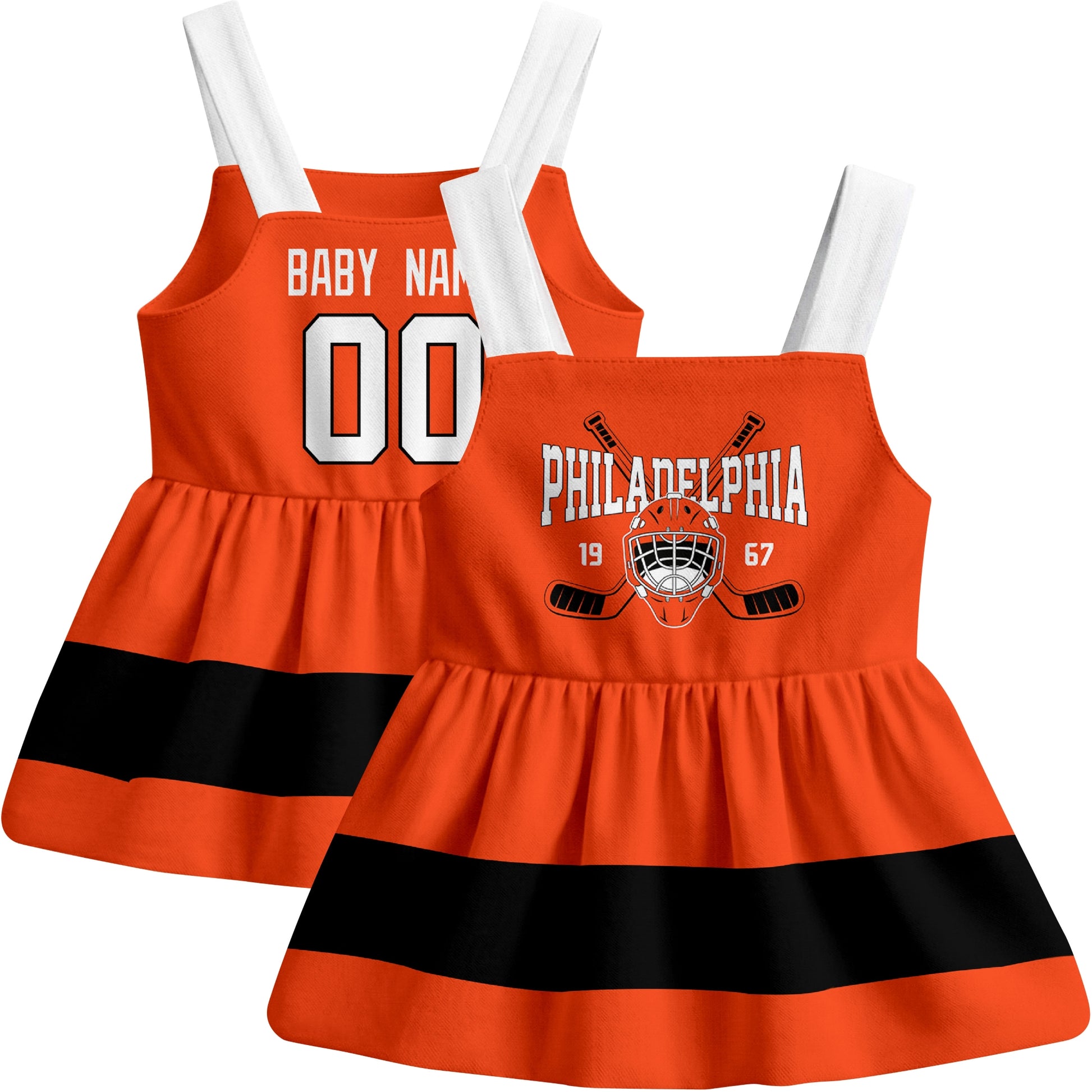 Philadelphia hockey baby suspender dress Orange style front and back view