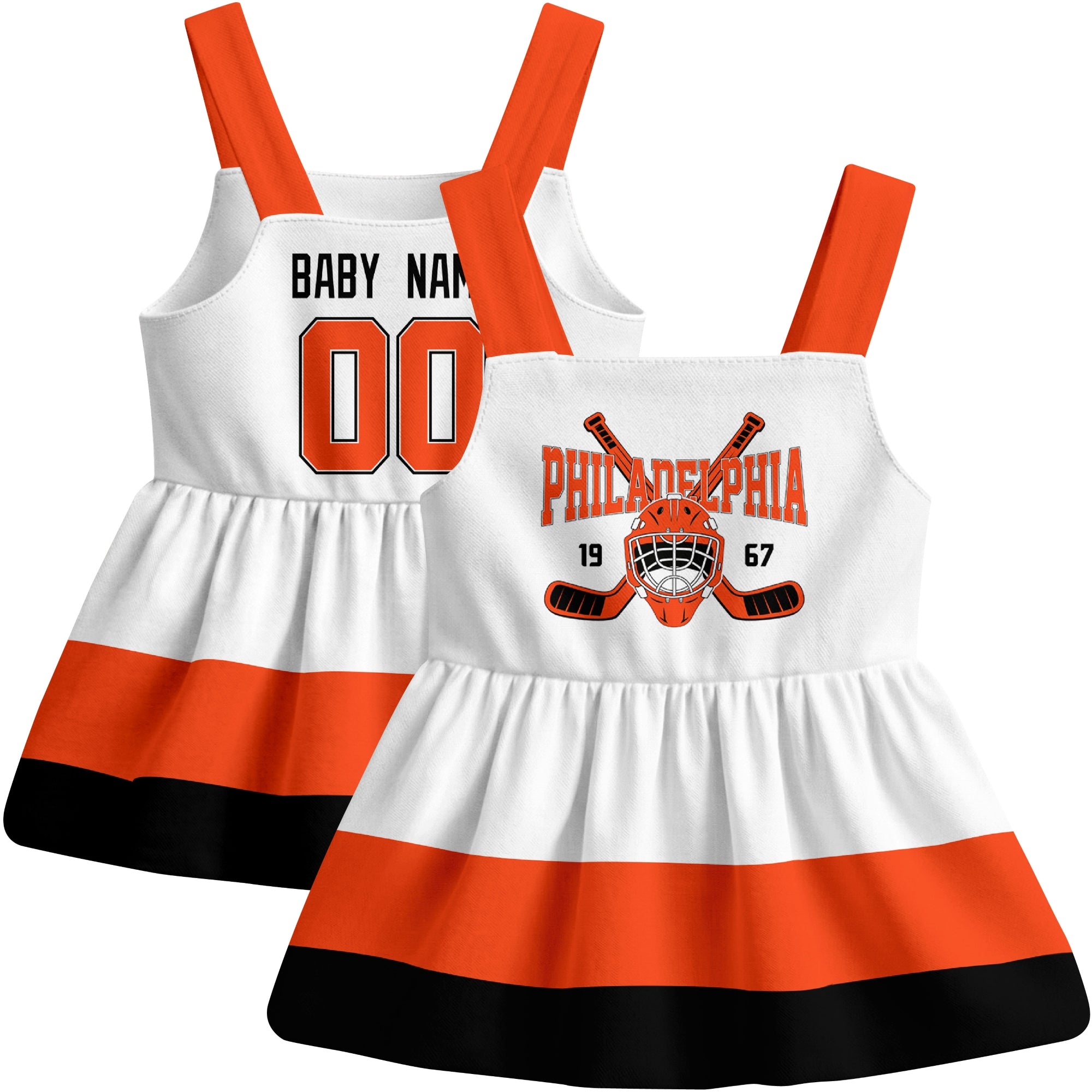 Philadelphia hockey baby suspender dress White style front and back view