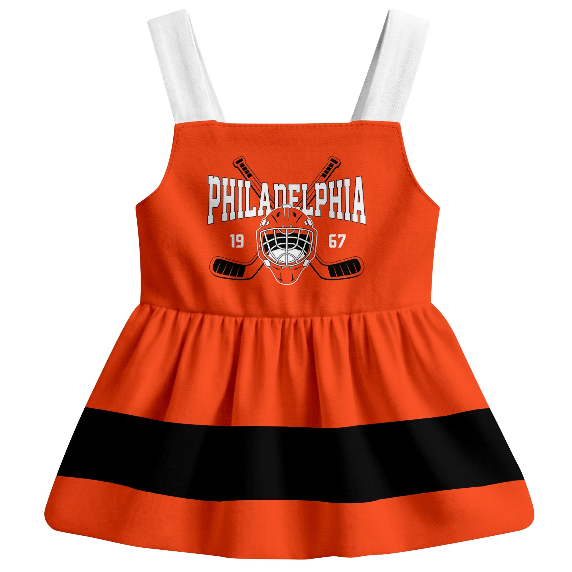 Philadelphia hockey baby suspender dress Orange style front view