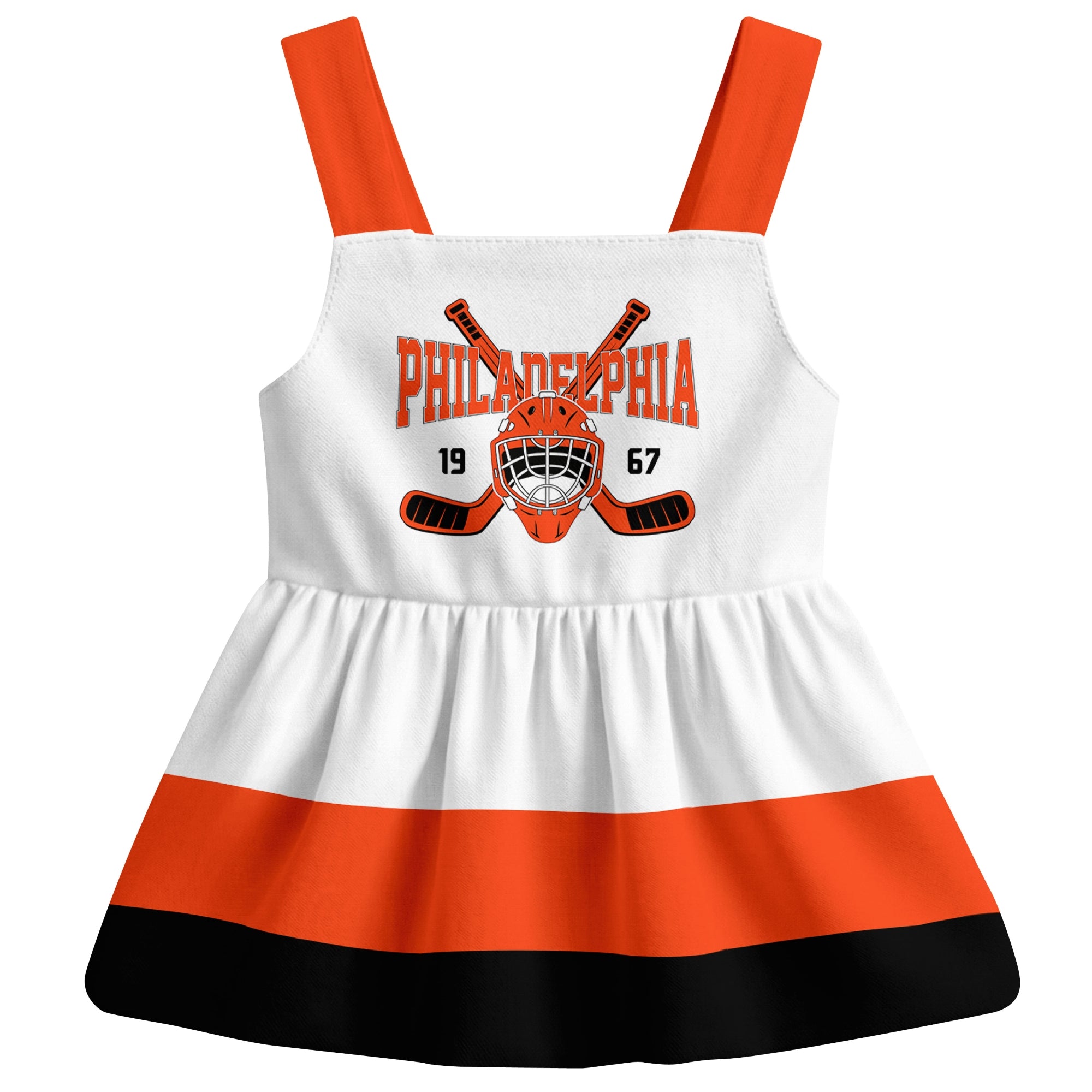 Philadelphia hockey baby suspender dress White style front view