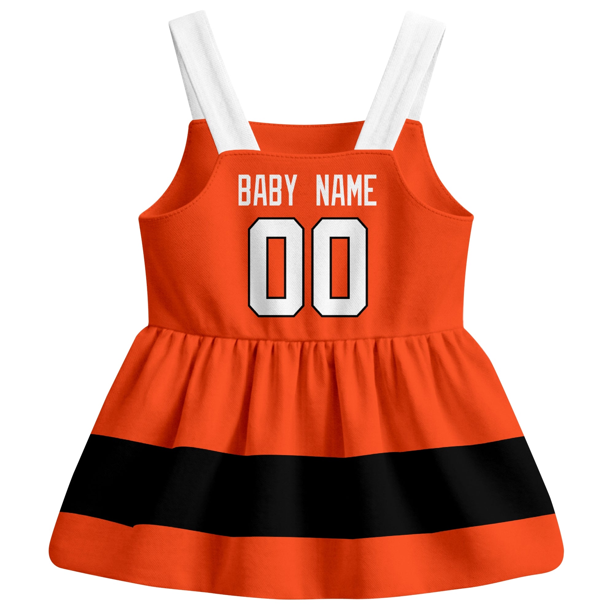 Philadelphia hockey baby suspender dress Orange style back view with custom baby name and number