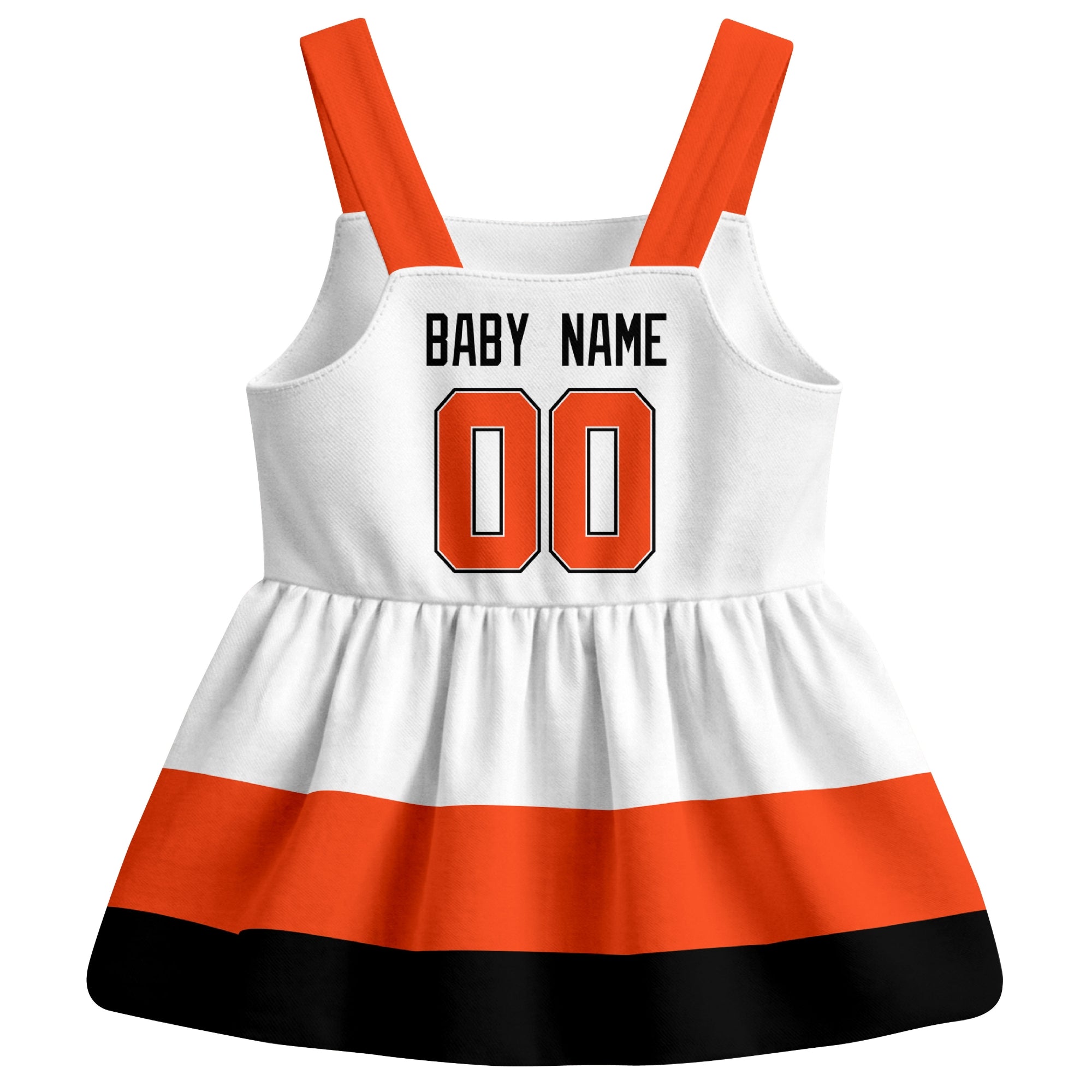 Philadelphia hockey baby suspender dress White style back view with custom baby name and number
