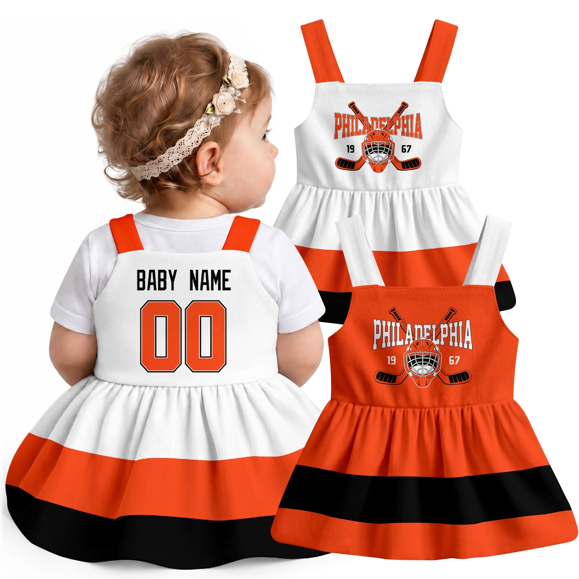 Personalized Philadelphia hockey baby suspender dress shown on baby with Orange and White city-color styles