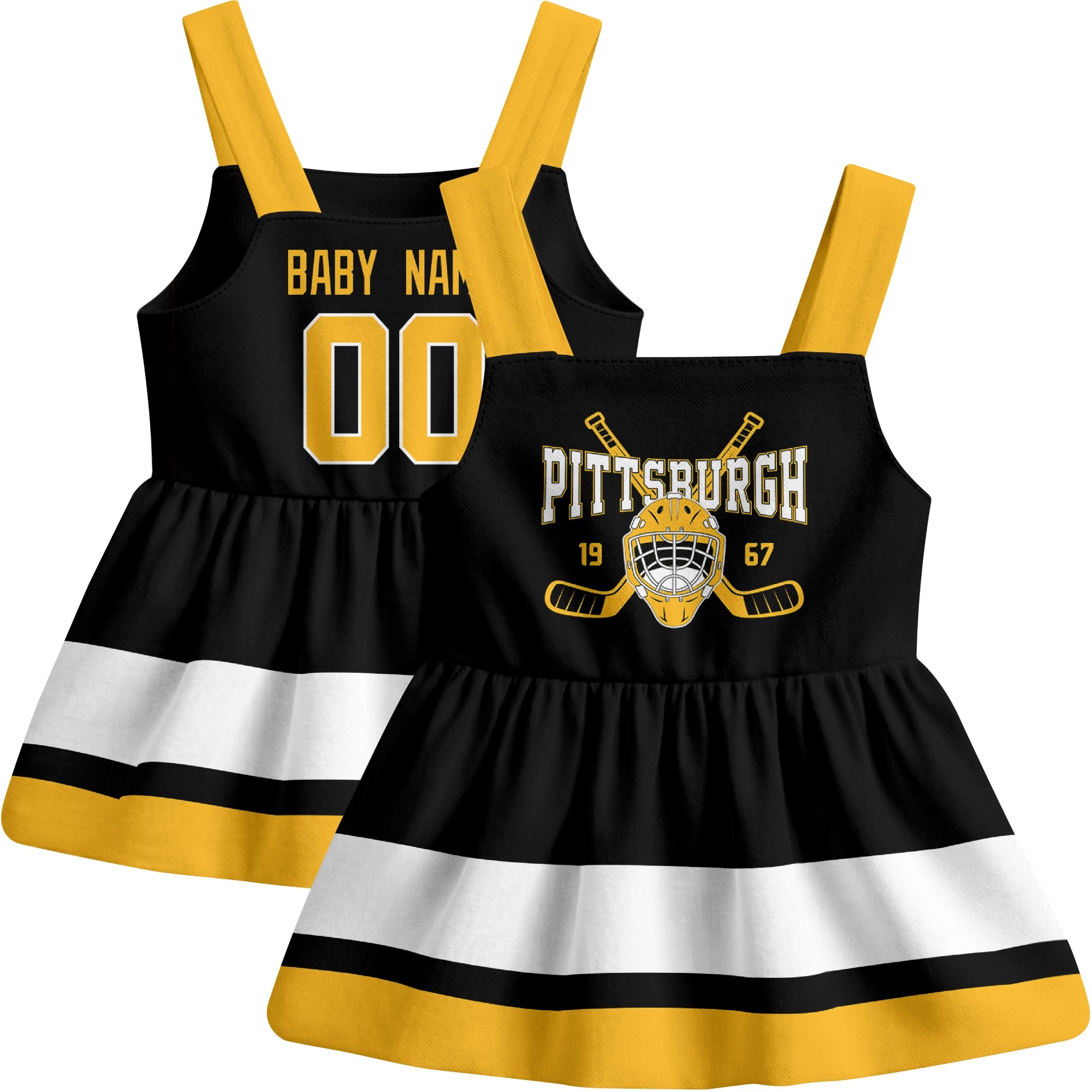Pittsburgh hockey baby suspender dress Black style front and back view