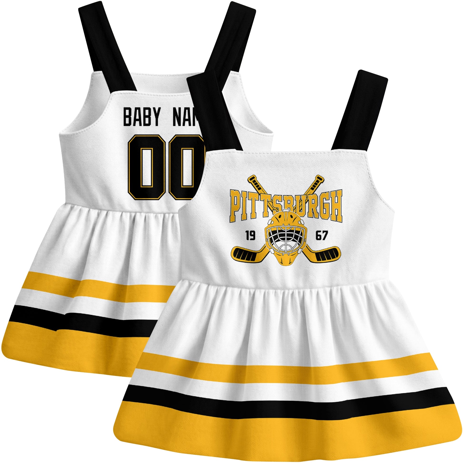 Pittsburgh hockey baby suspender dress White style front and back view