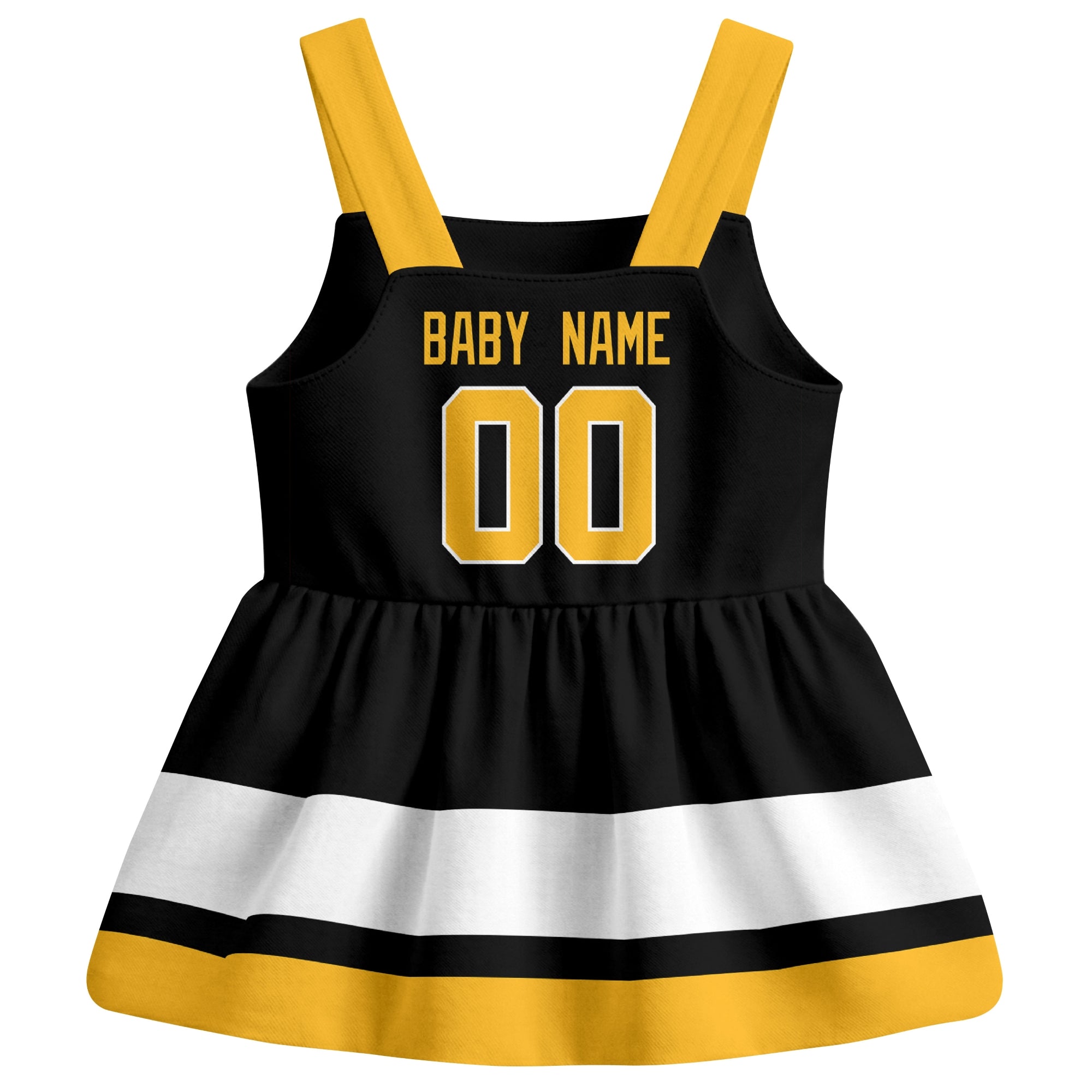 Pittsburgh hockey baby suspender dress Black style back view with custom baby name and number