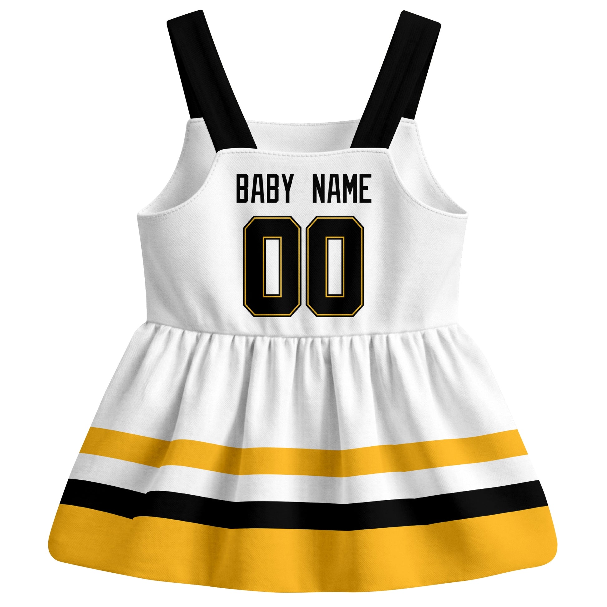 Pittsburgh hockey baby suspender dress White style back view with custom baby name and number
