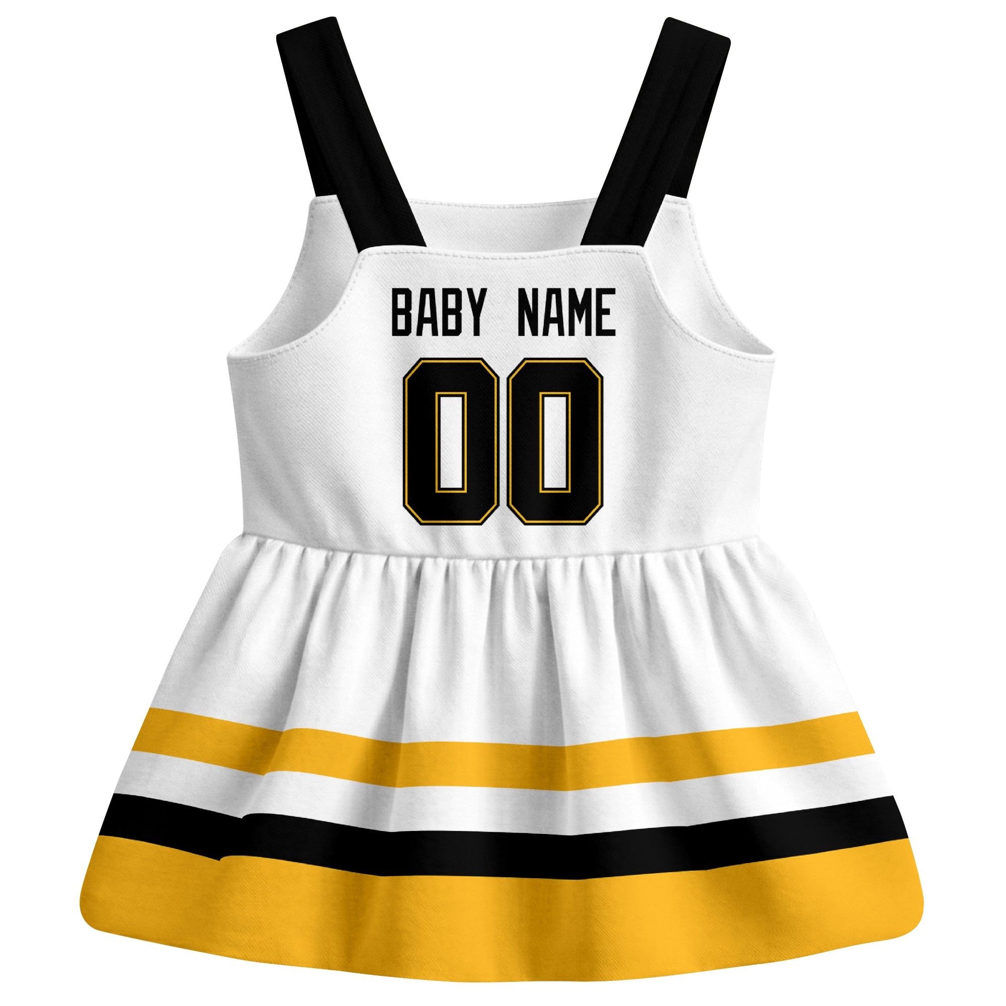 Pittsburgh hockey baby suspender dress White style back view with custom baby name and number