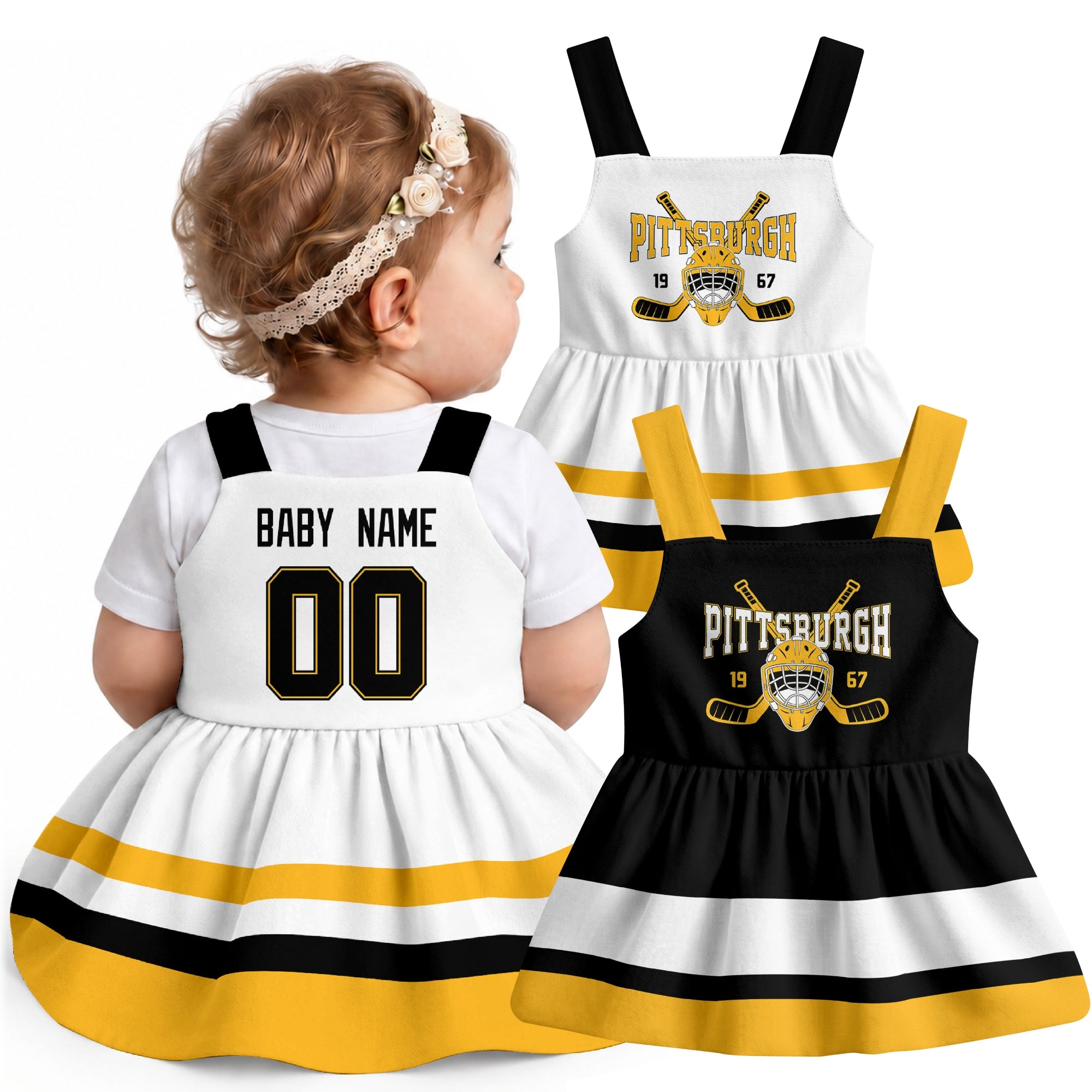 Personalized Pittsburgh hockey baby suspender dress shown on baby with Black and White city-color styles