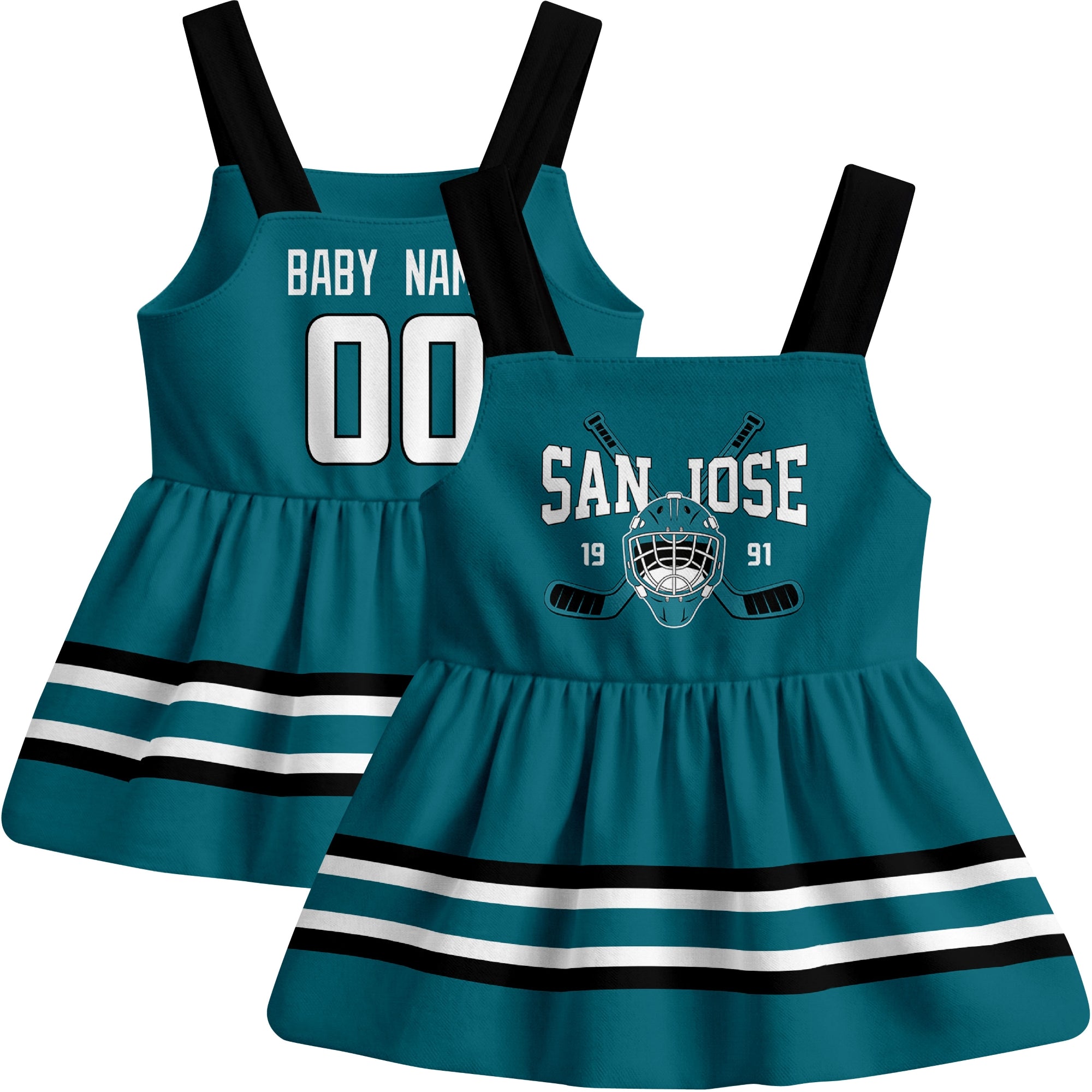 San Jose hockey baby suspender dress Teal style front and back view