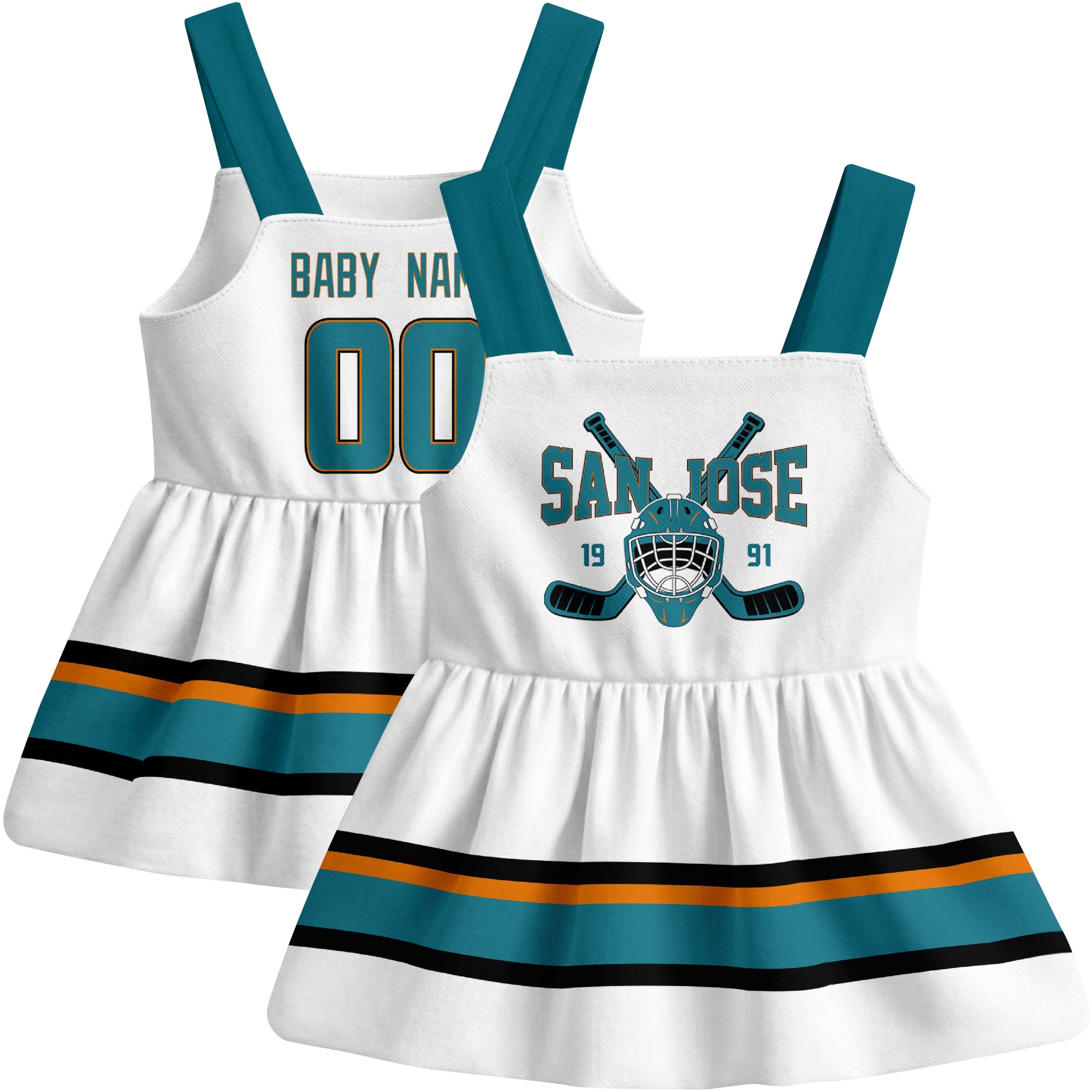 San Jose hockey baby suspender dress White style front and back view