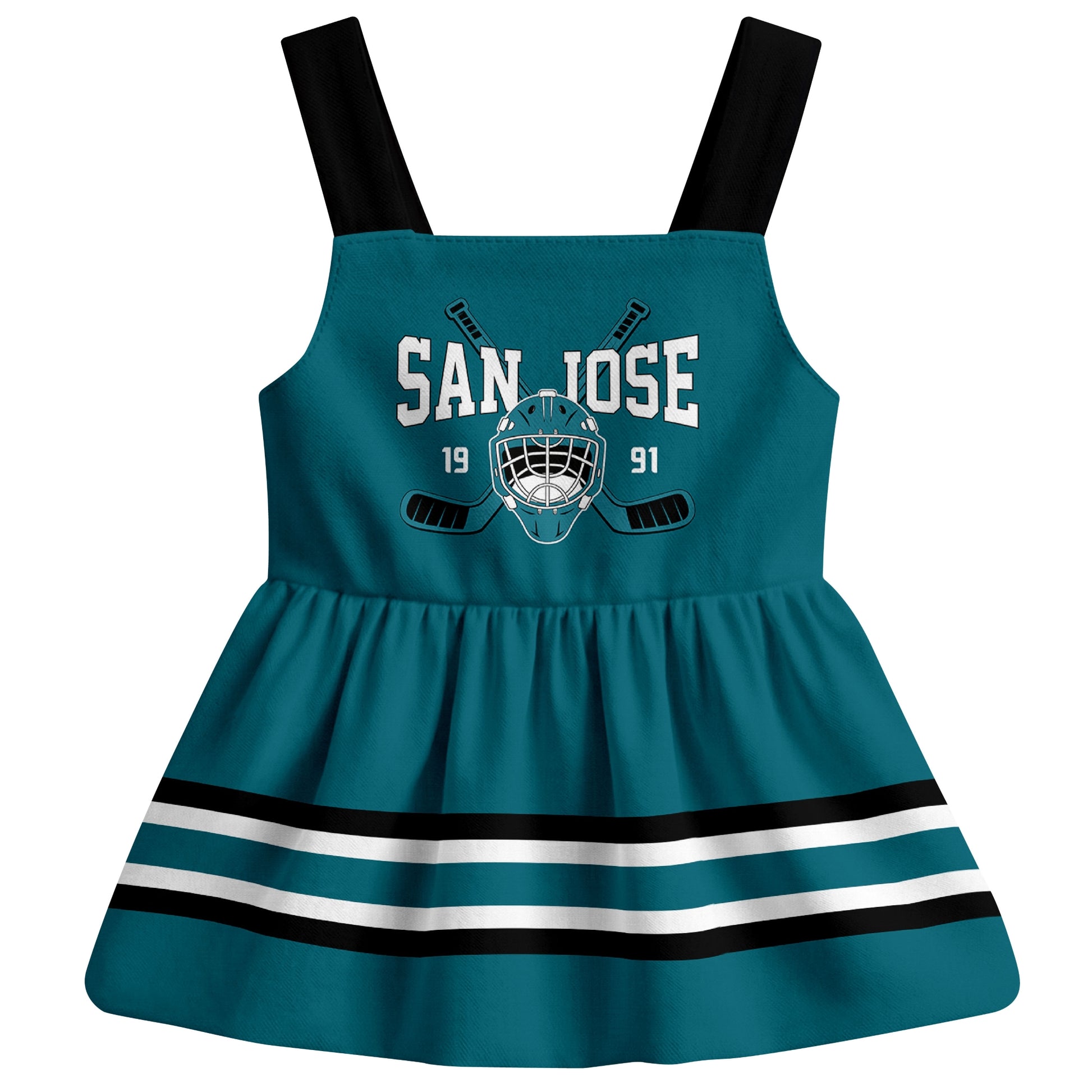 San Jose hockey baby suspender dress Teal style front view