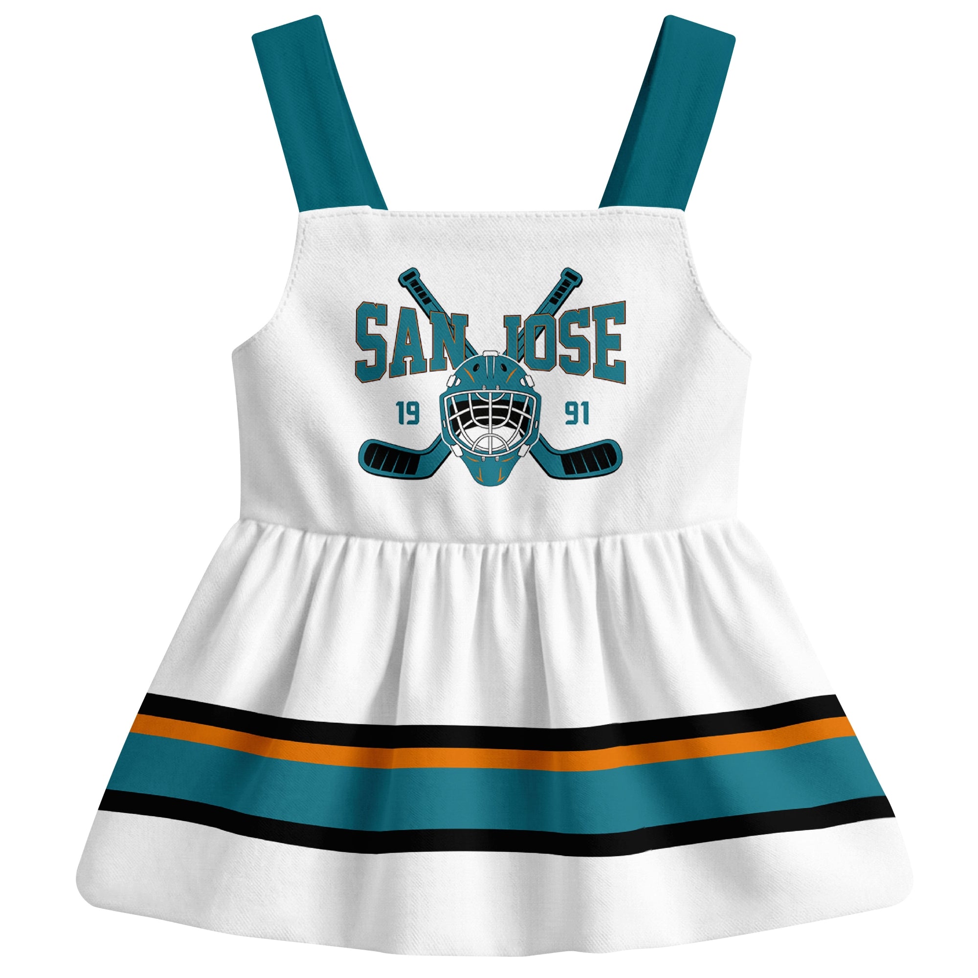 San Jose hockey baby suspender dress White style front view