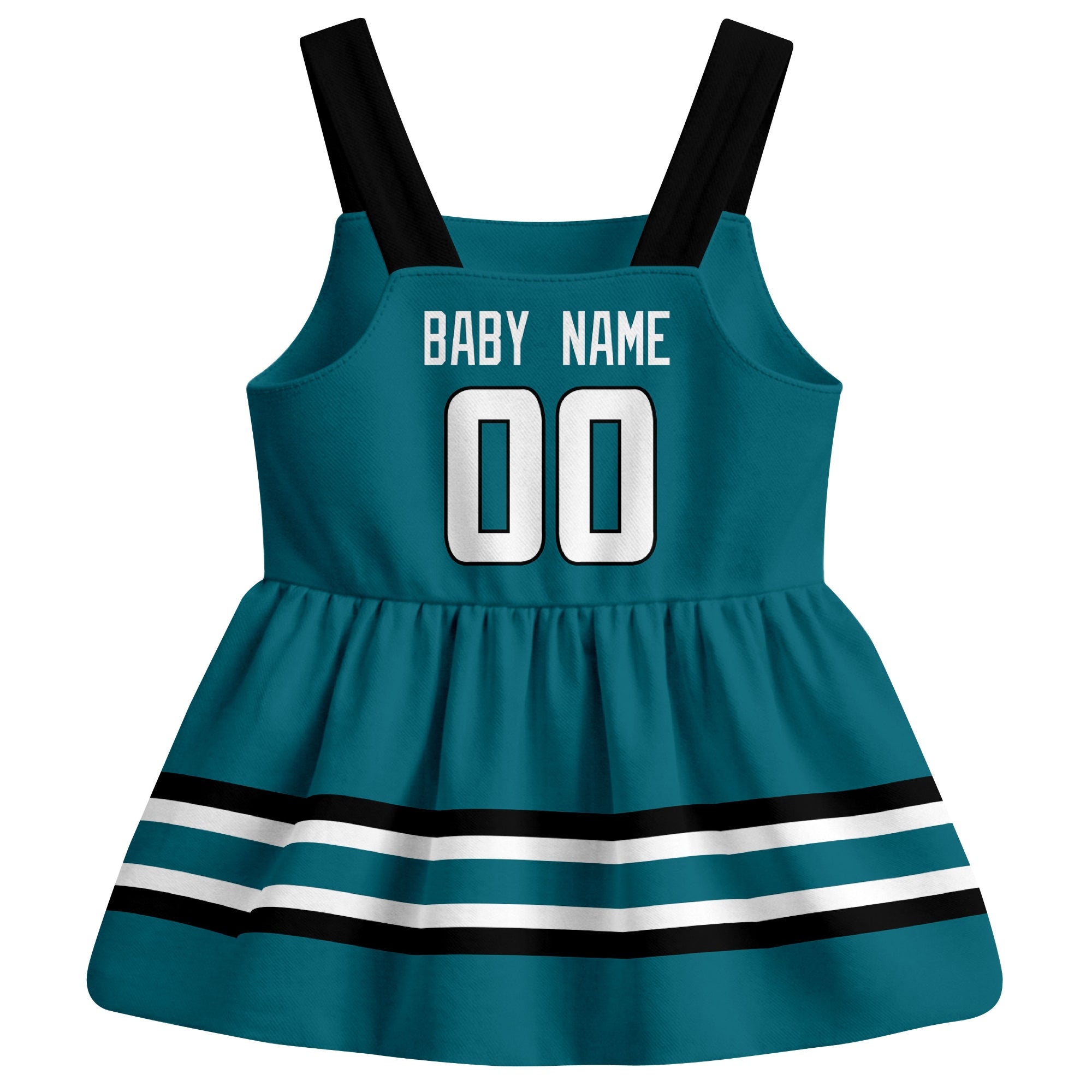 San Jose hockey baby suspender dress Teal style back view with custom baby name and number