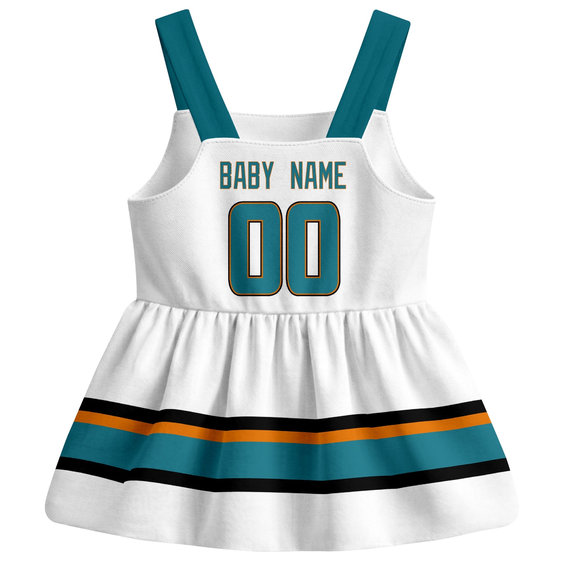 San Jose hockey baby suspender dress White style back view with custom baby name and number
