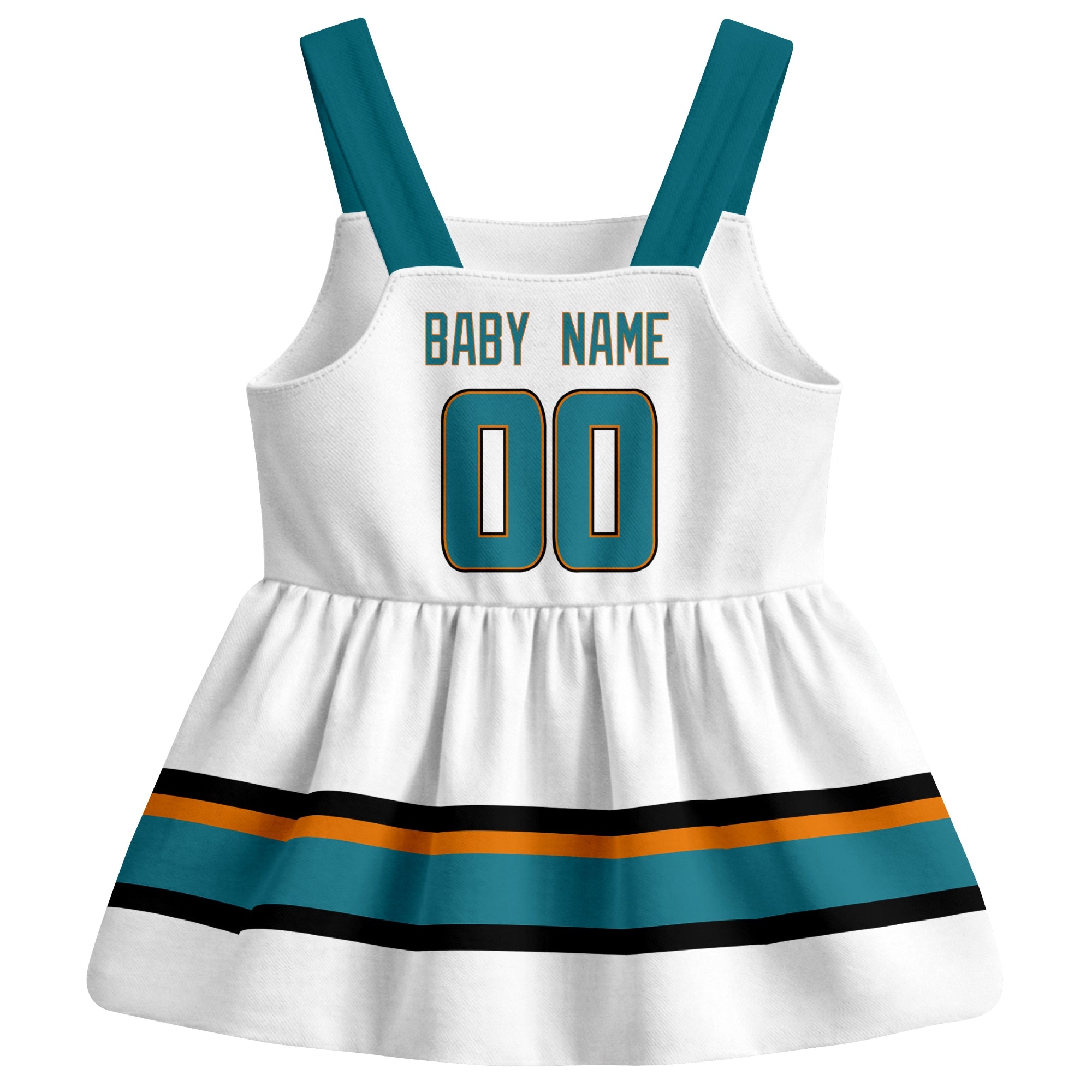 San Jose hockey baby suspender dress White style back view with custom baby name and number
