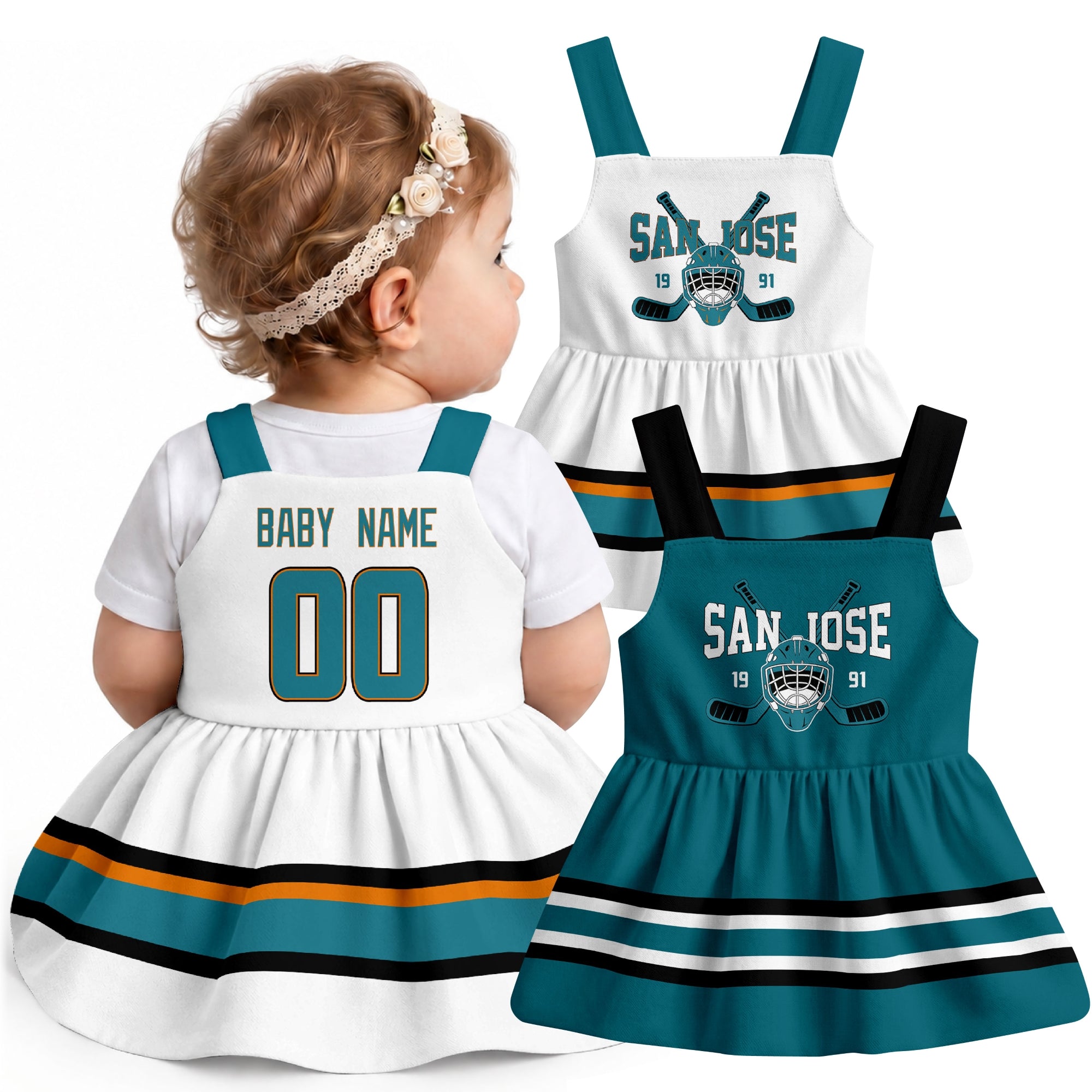 Personalized San Jose hockey baby suspender dress shown on baby with Teal and White city-color styles