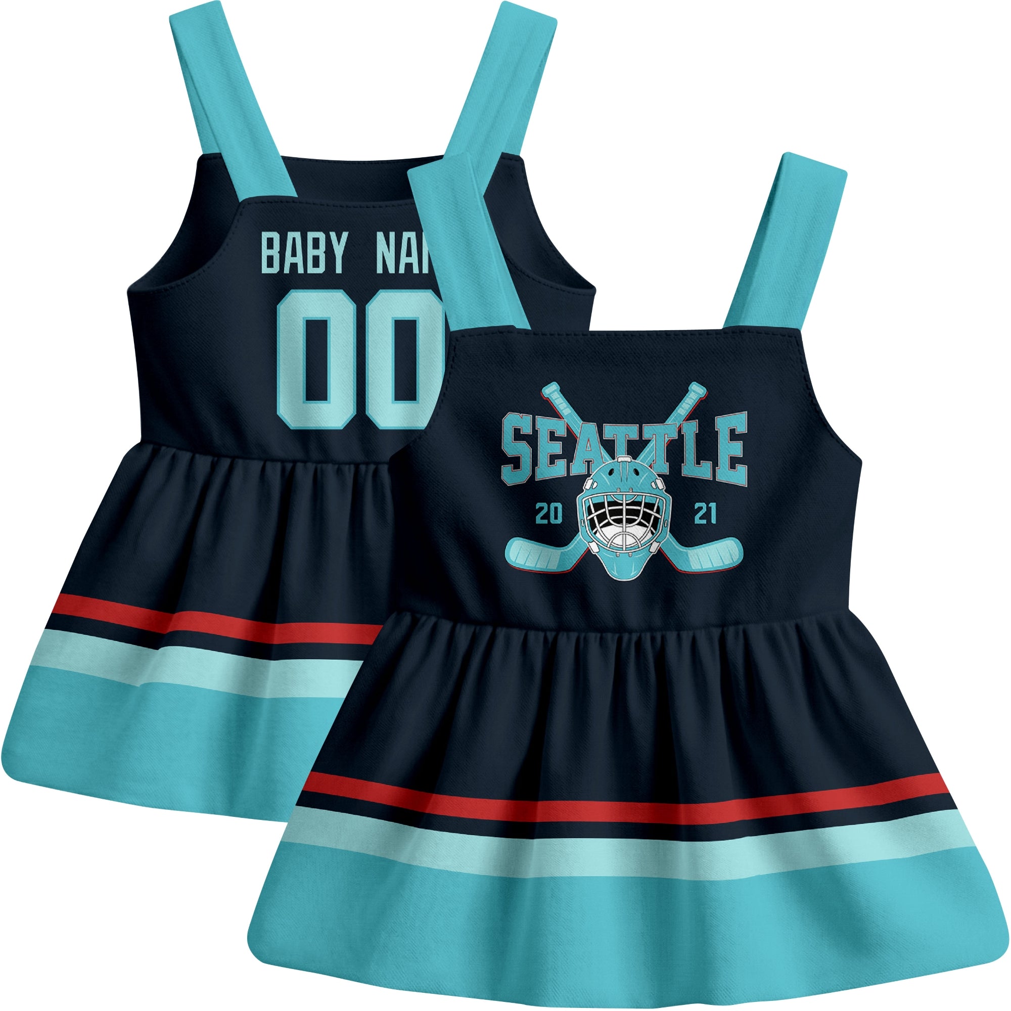 Seattle hockey baby suspender dress Blue style front and back view