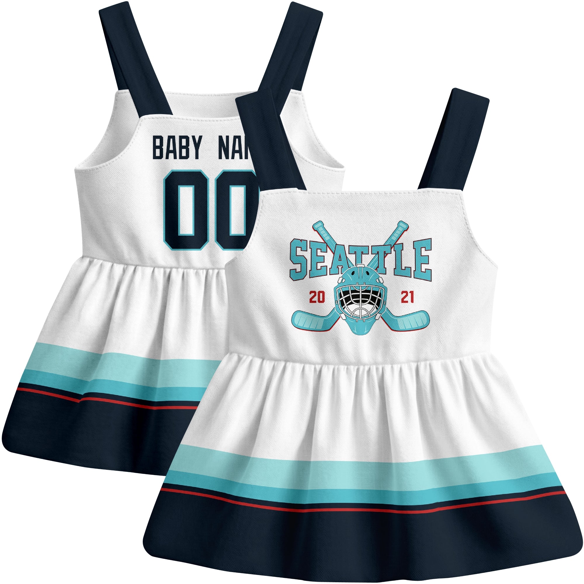 Seattle hockey baby suspender dress White style front and back view