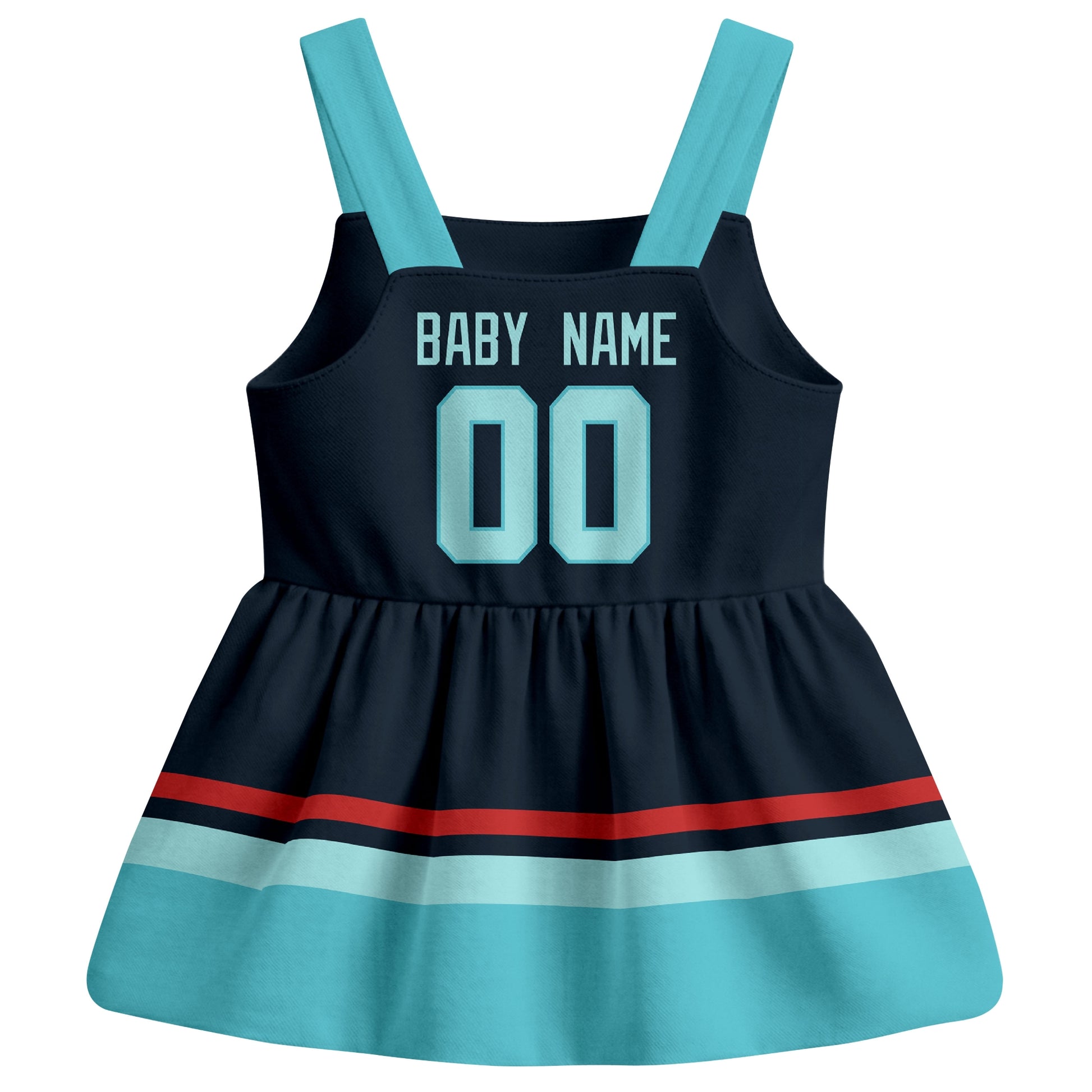 Seattle hockey baby suspender dress Blue style back view with custom baby name and number