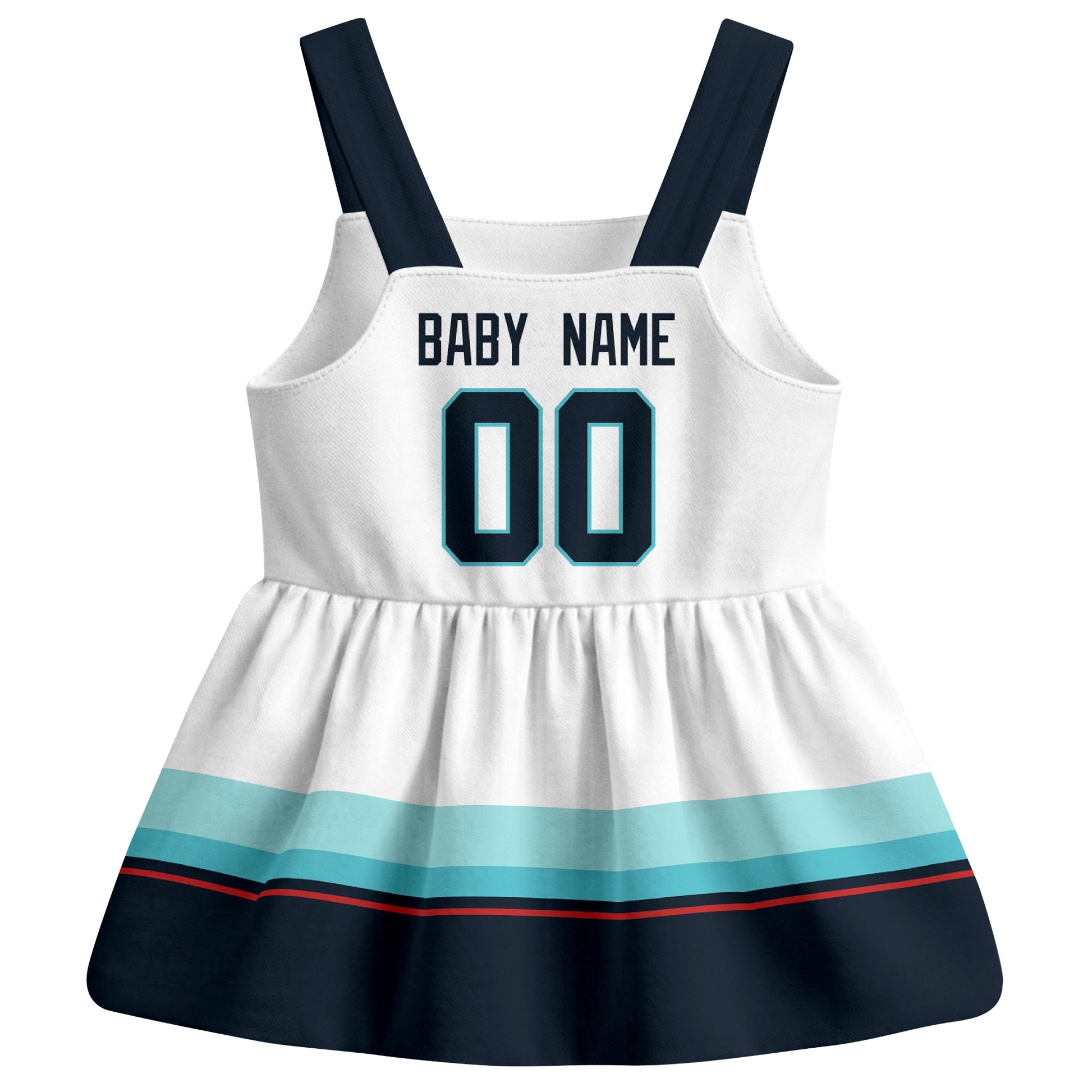 Seattle hockey baby suspender dress White style back view with custom baby name and number