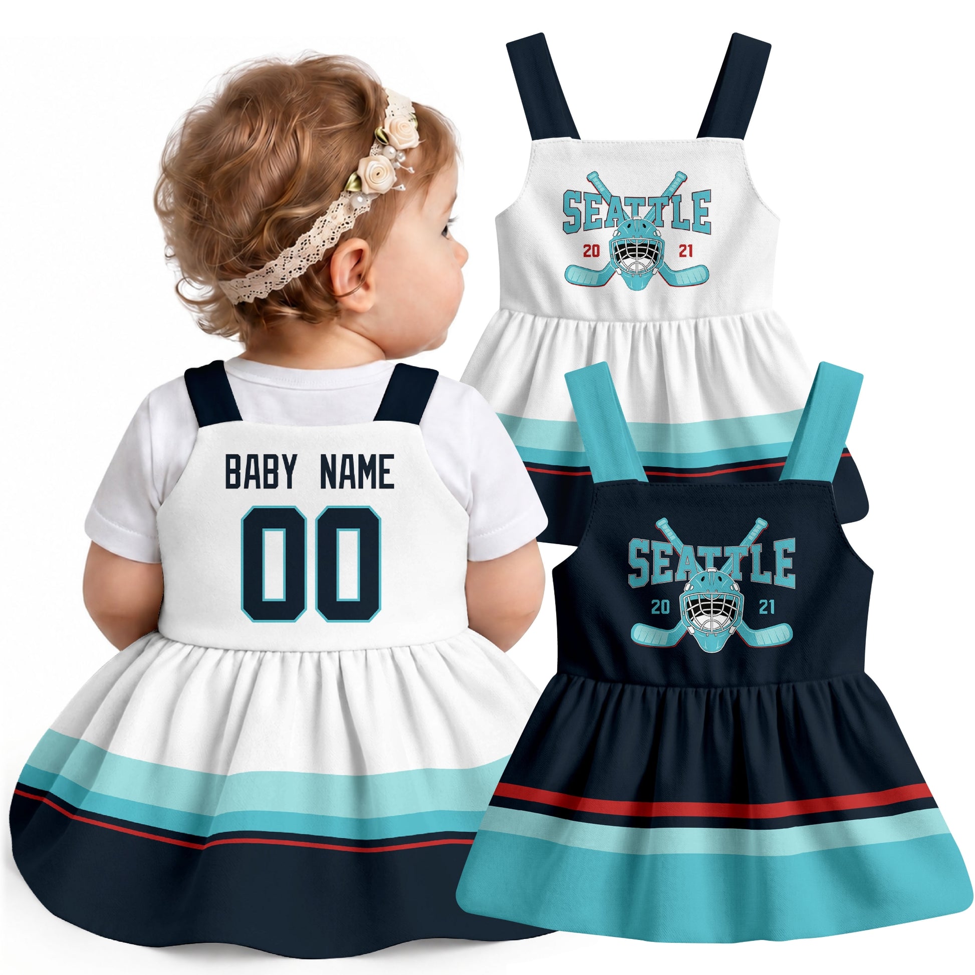 Personalized Seattle hockey baby suspender dress shown on baby with Blue and White city-color styles