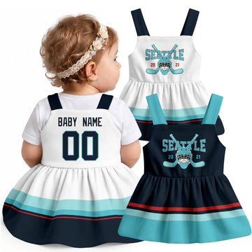 Personalized Seattle hockey baby suspender dress shown on baby with Blue and White city-color styles