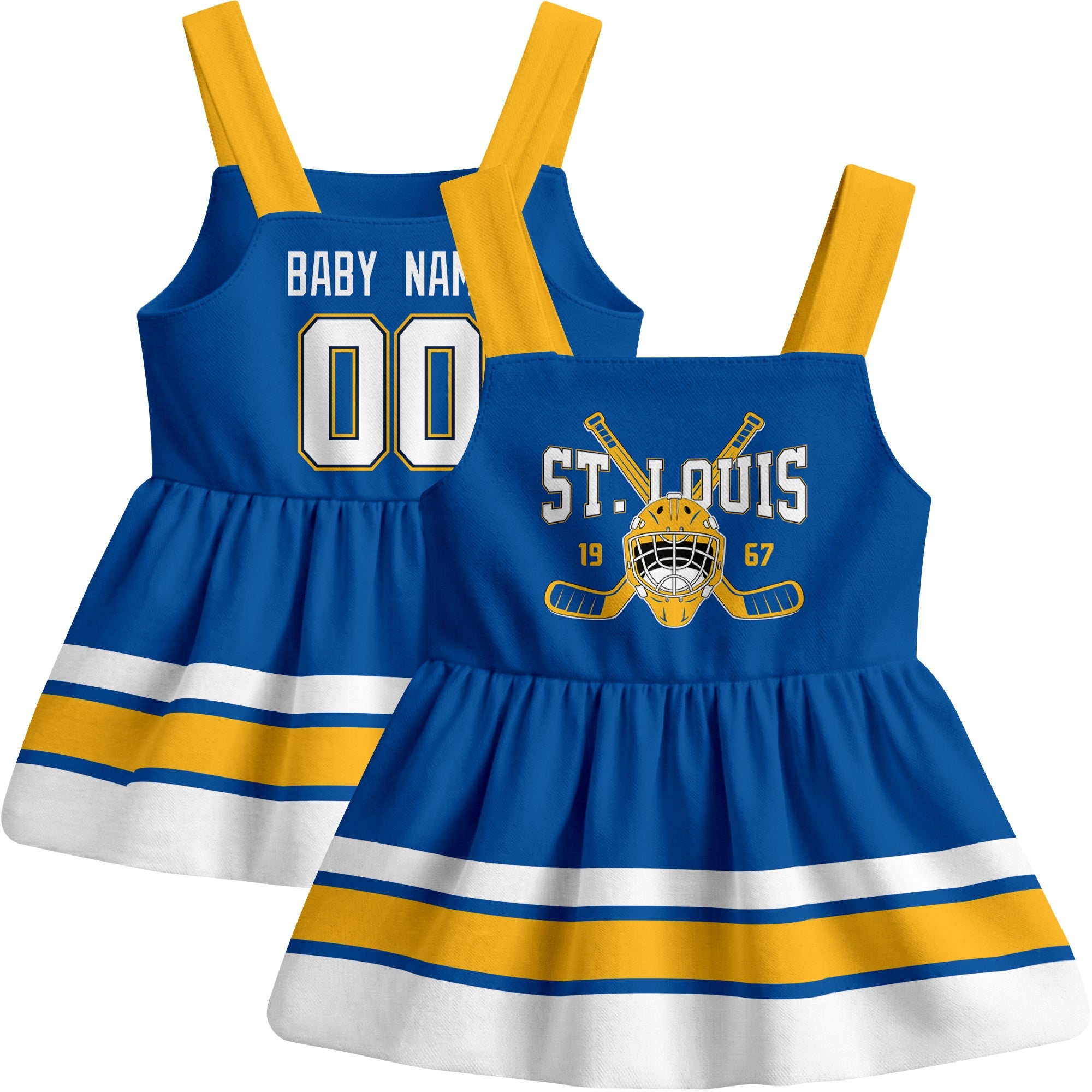 St. Louis hockey baby suspender dress Blue style front and back view