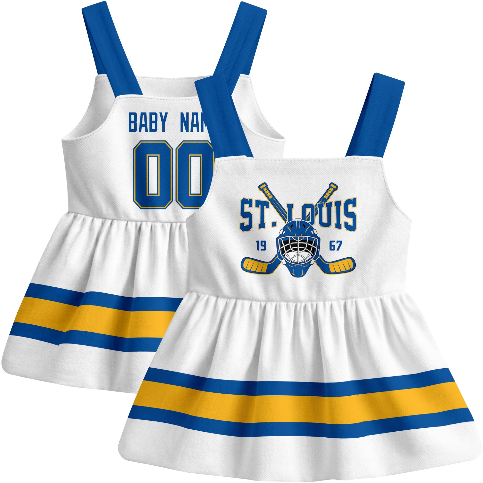 St. Louis hockey baby suspender dress White style front and back view